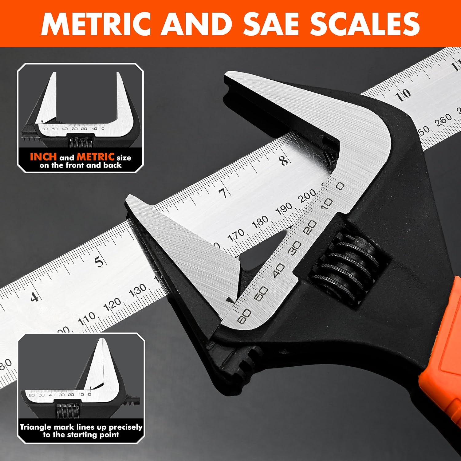 VANQUISH 12 Inch Adjustable Wrench, 2-3/8” Wide Jaw Opening Plumbing Wrench, CR-V Steel, SAE and Metric Scale Marked, With Comfort Grip Handle and Hanging Hole (3154)