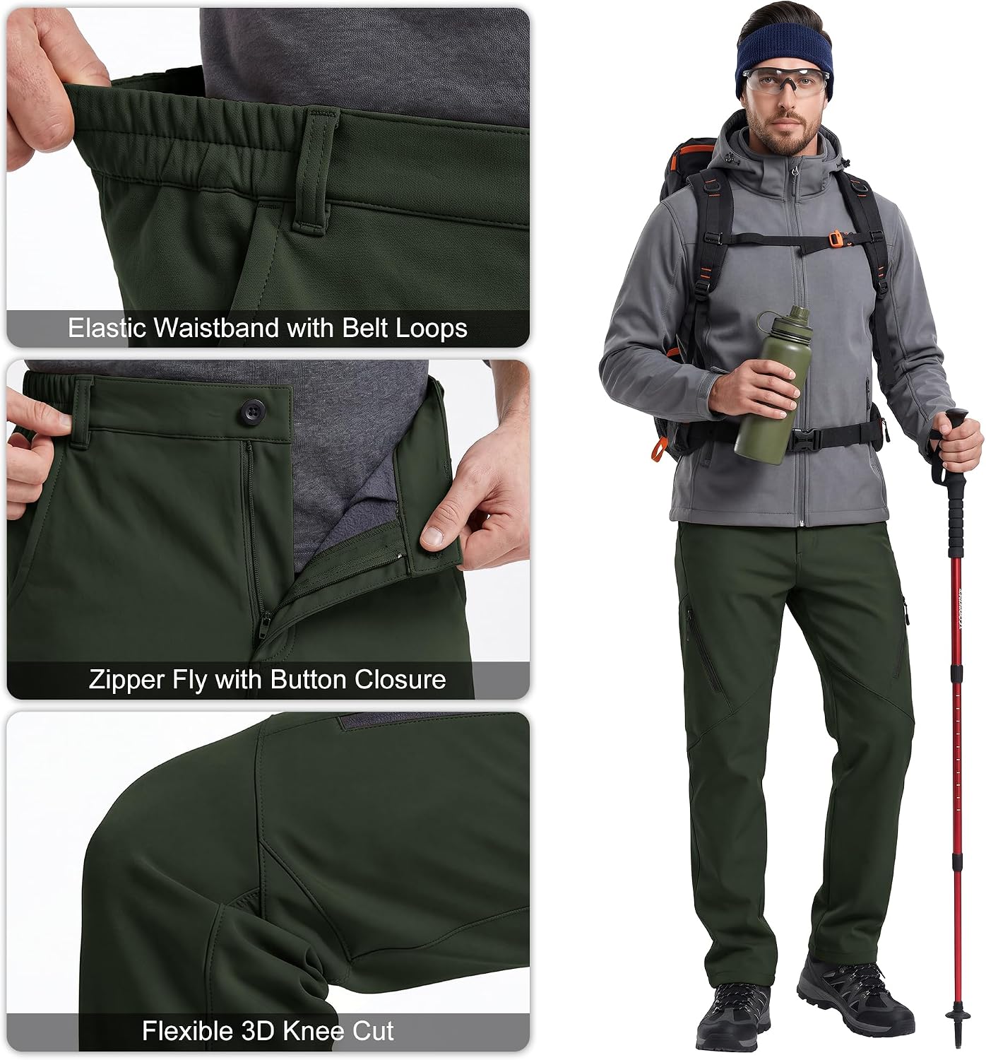 Men's Waterproof Pants Fleece Lined Insulated Winter Hiking Ski Snow Pants