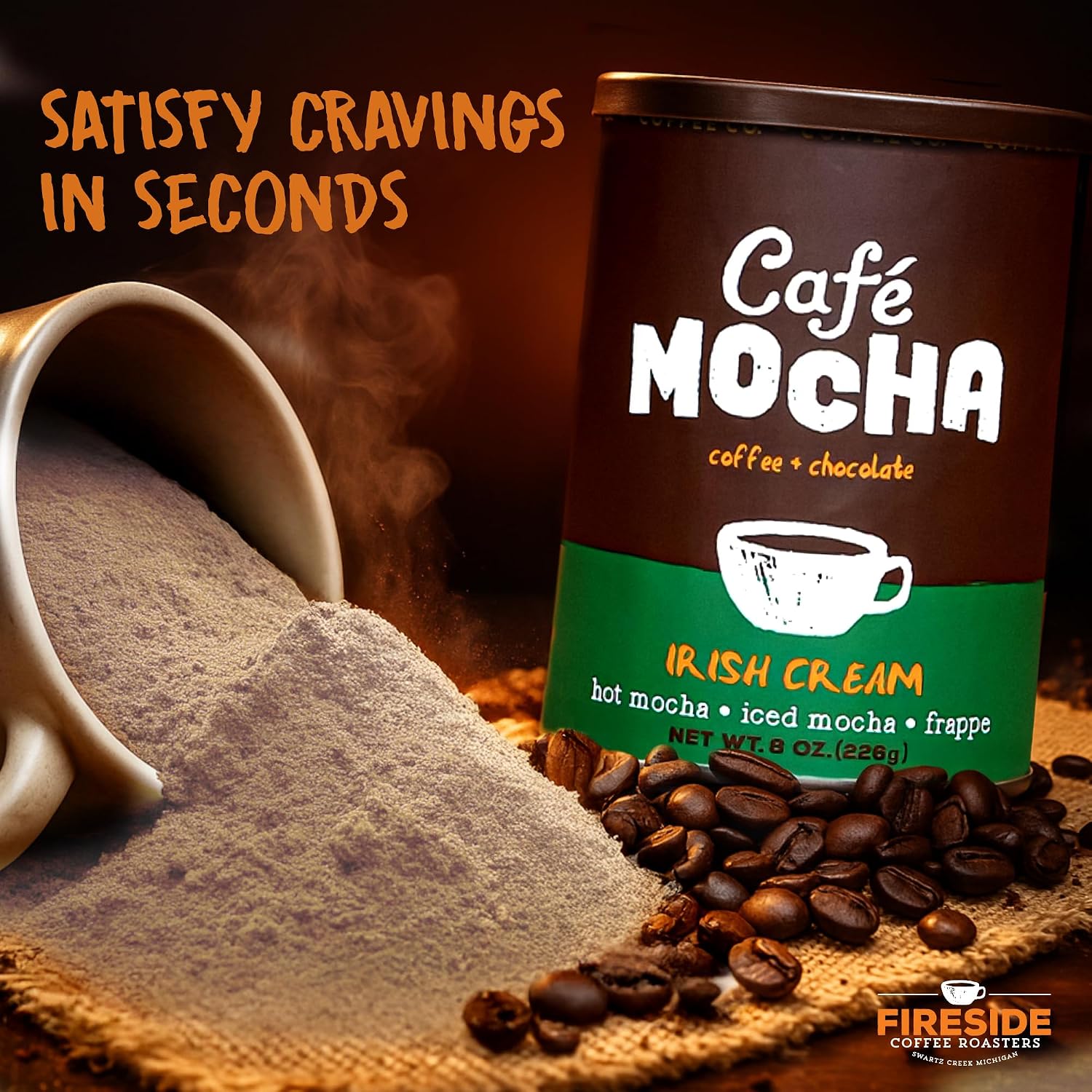 Fireside Coffee Irish Cream Cafe Mocha - Premium Instant Coffee Chocolate Blend - Versatile Caffeinated Drink Mix for Hot, Iced, Milkshake, and Mocha Frappe Mix, Only Add Water and Enjoy, 8 Ounces