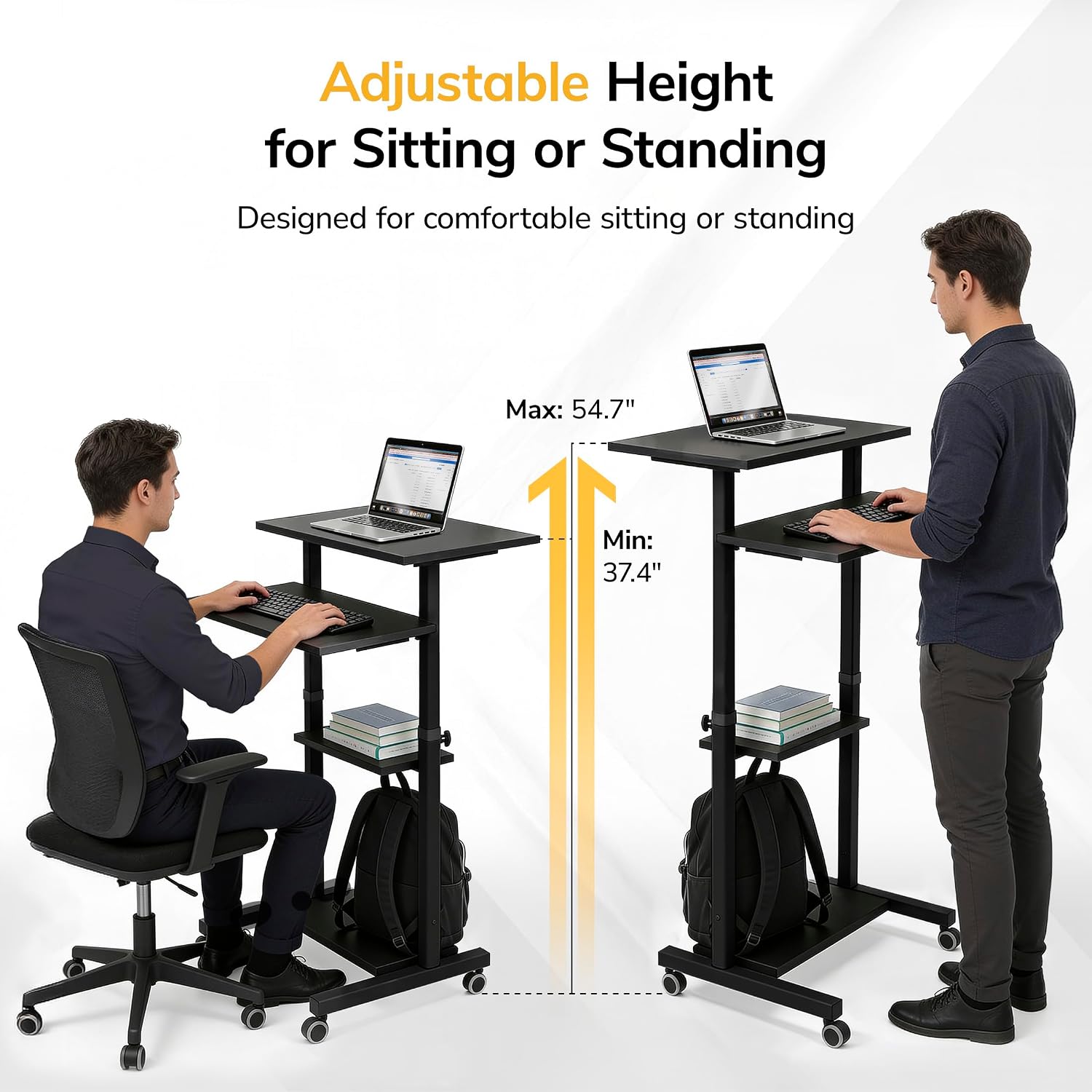 Mount-It! Black Rolling Standing Desk, Adjustable Height up to 54.7", Portable Laptop Podium Desk on Wheels, Mobile Computer Workstation with 4 Shelves 27.5" Wide, Cart for Home Office or Classroom