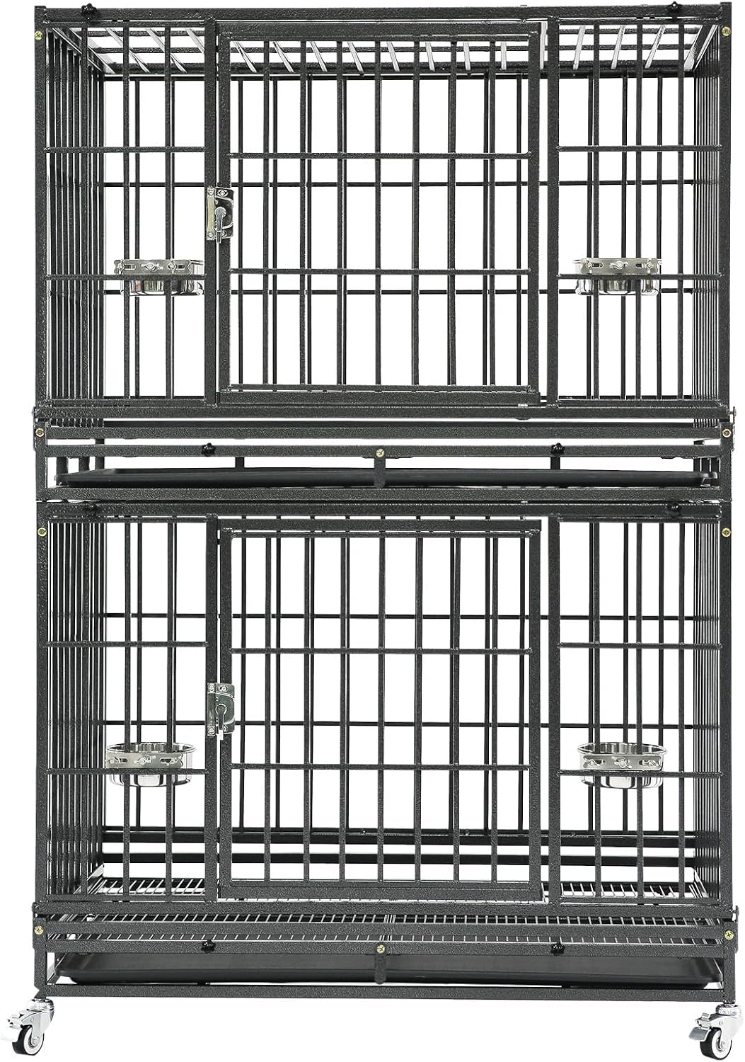 Homey Pet Three Tiers 43 inch Heavy Duty Dog Crate with Wheels, Dual Doors | Stackable Indestructible Steel Dog Cage Kennel Indoor with Divider, Trays, Bowls, Escape Proof Locks for Breeders and More