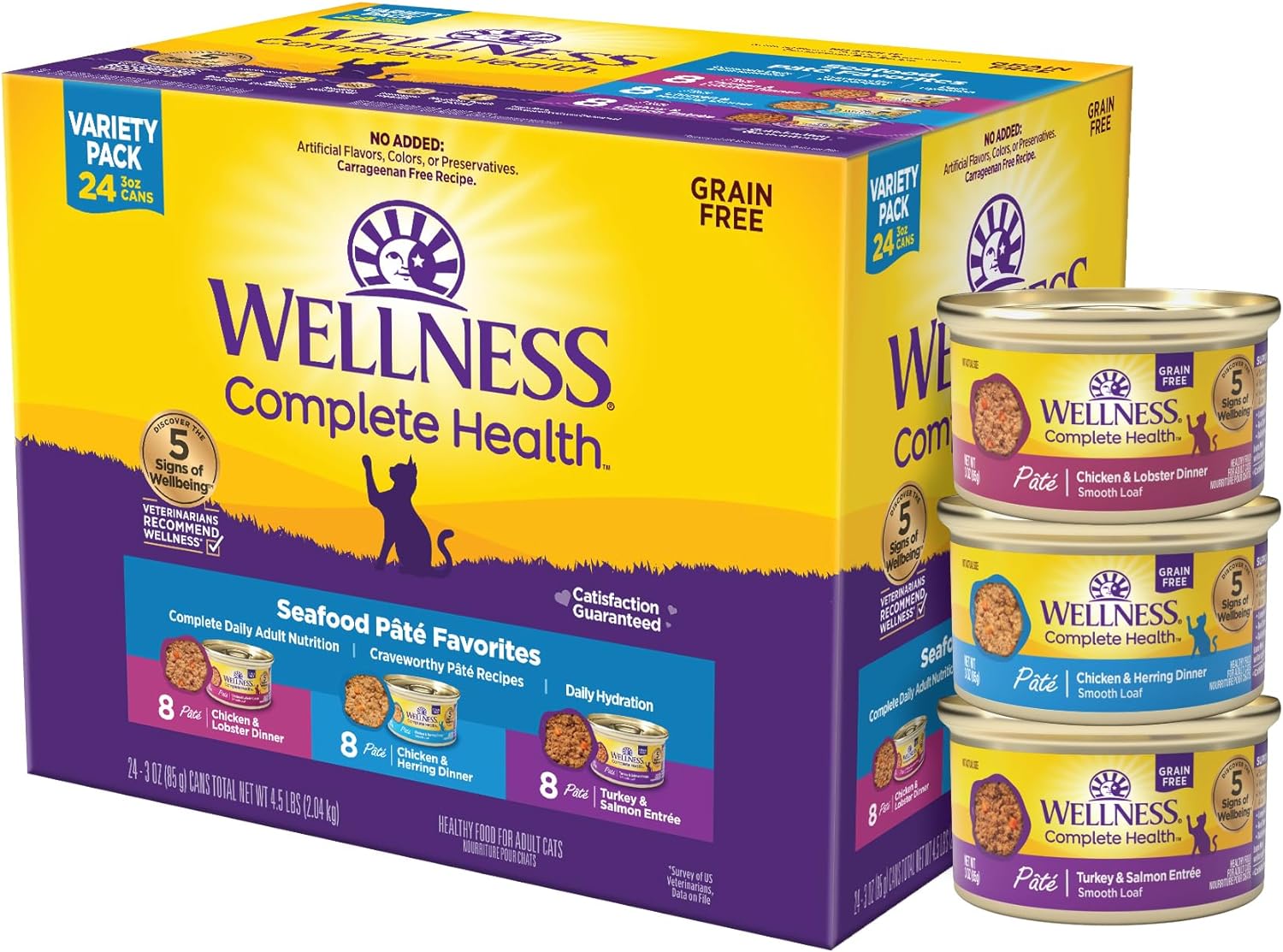 Wellness Complete Health Pate Variety Pack Adult Canned Wet Cat Food, Natural, Protein Rich, Grain Free, Chicken and Turkey Favorites, 3 oz