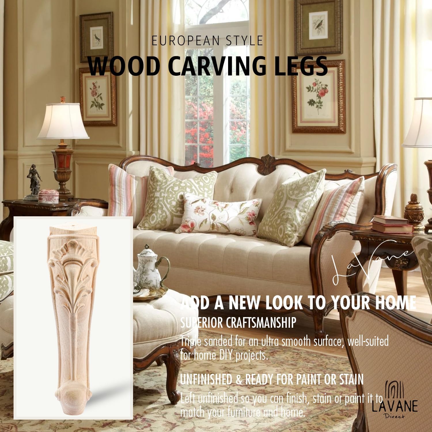 La Vane 6 inch / 15cm Wooden Furniture Legs, Set of 4 European Style Solid Wood Carving Furniture Replacement Feet Decoration for Sofa Cabinet Wardrobe Table Loveseat