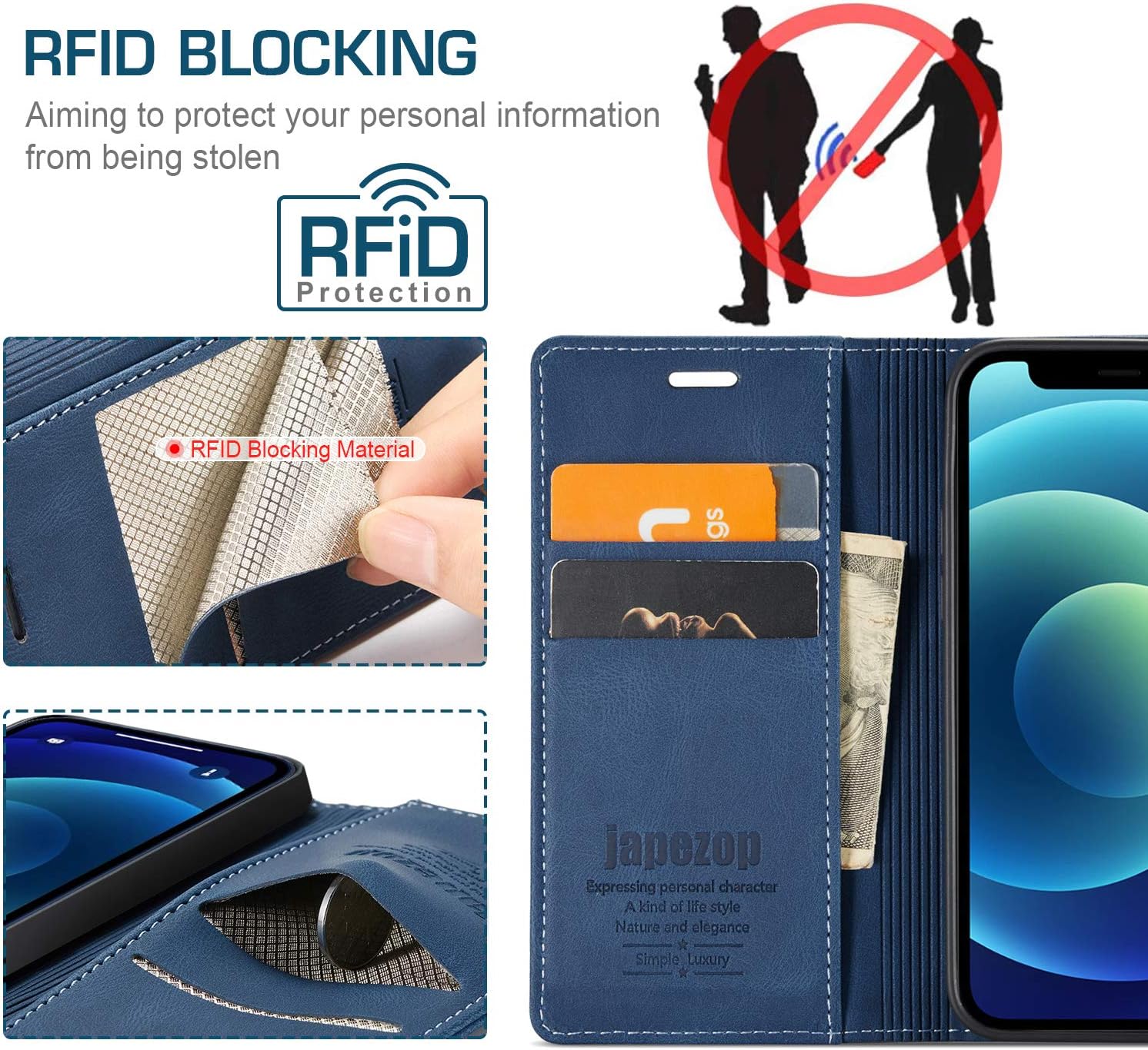 japezop iPhone 12 Mini Wallet Case with [RFID Blocking],Blue