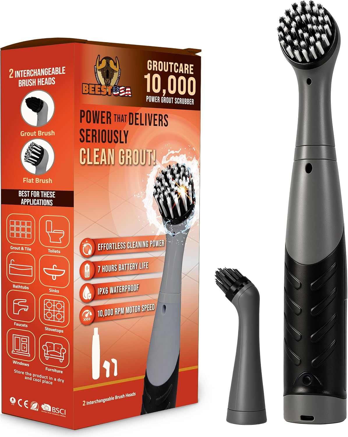 BEEST GroutCare 10000 Electric Spin Scrubber - Bathroom Cleaning Brush w/ 2 Replaceable Heads