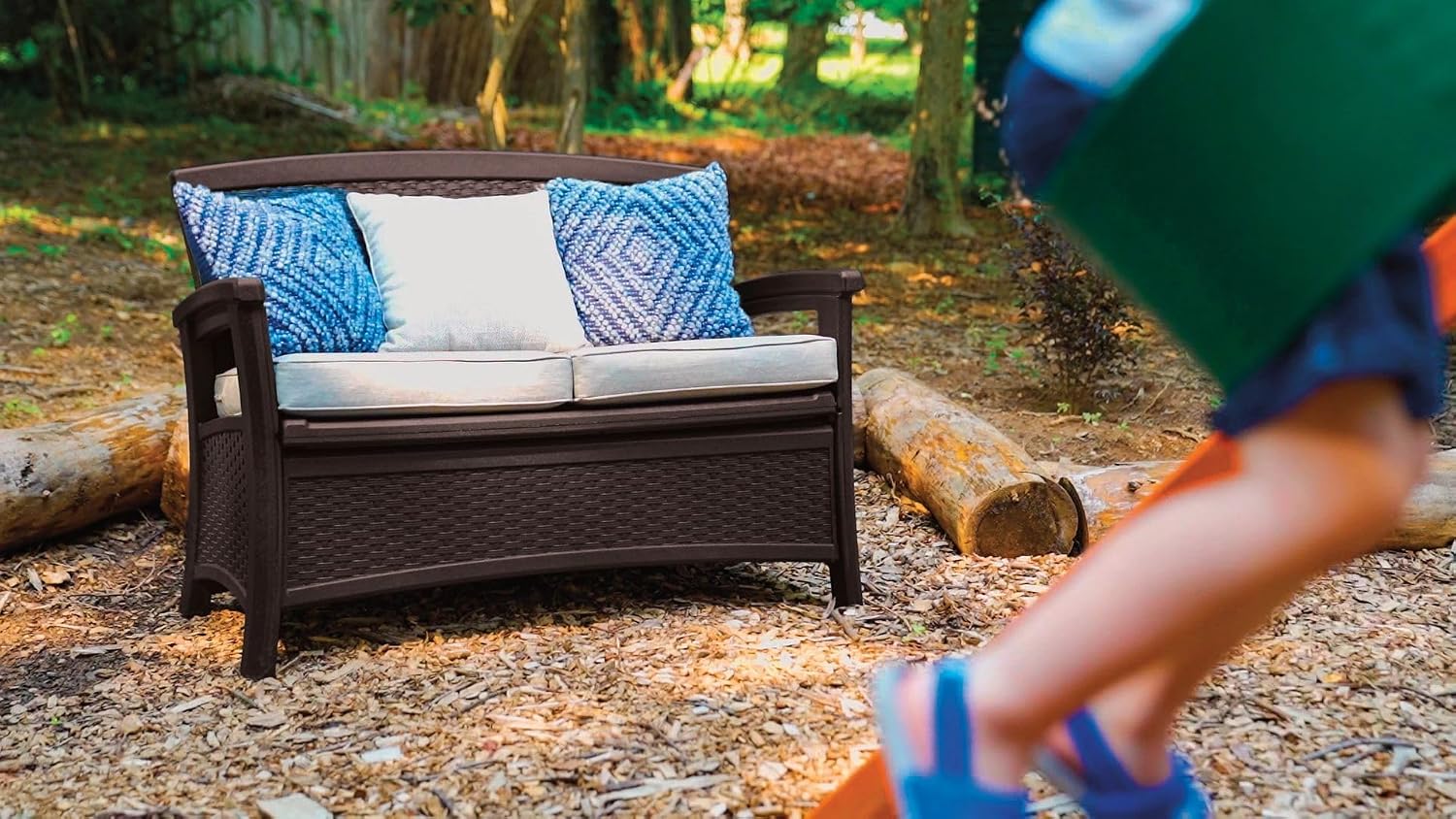 Suncast Outdoor Wicker Love Seat with 23-Gallon Storage, Comfortable Seating for Two, Ergonomic Back Support, All-Weather Furniture for Patio, Deck, and Garden, Java, Made in the USA