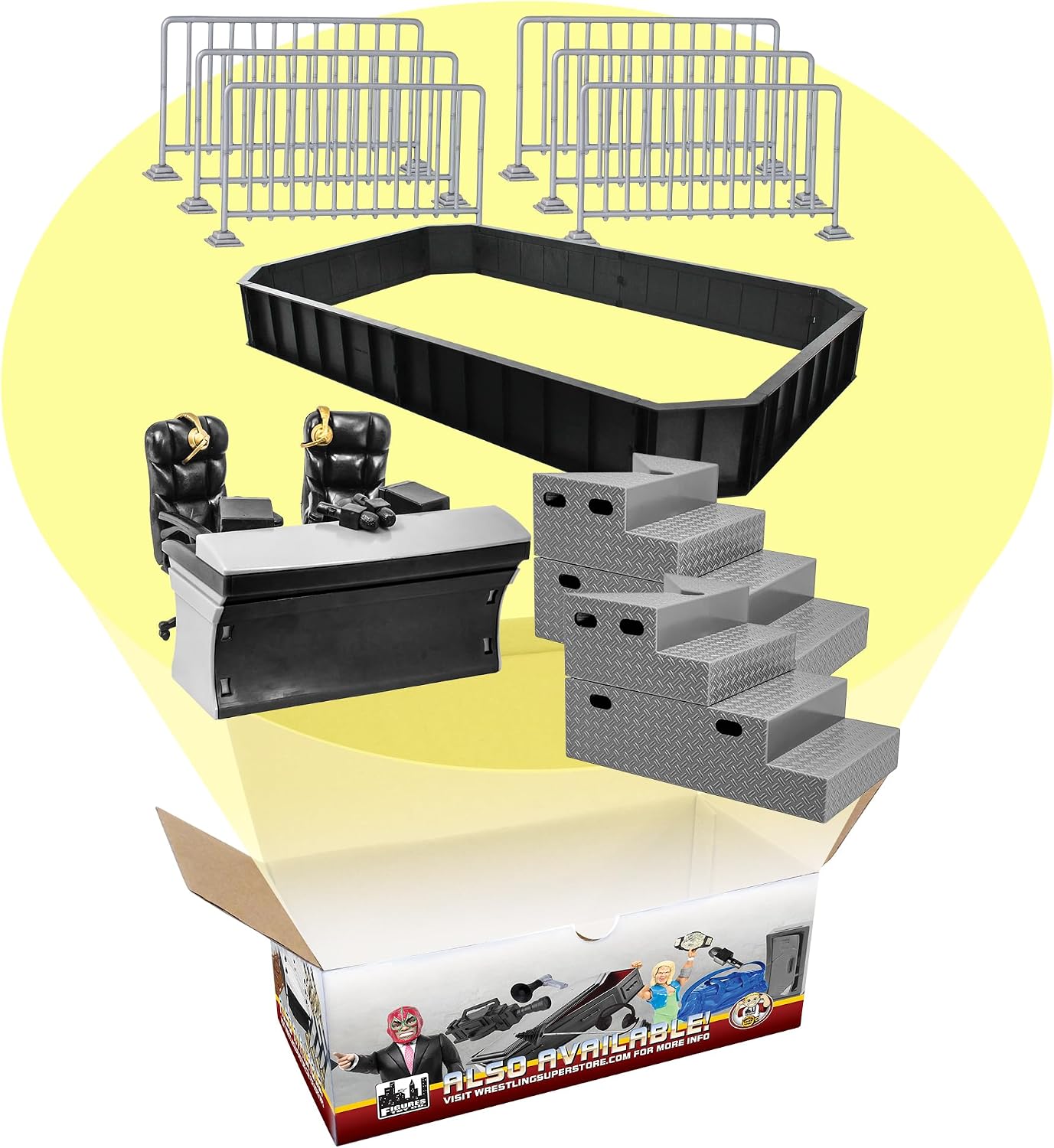 Wrestling Ring & Arena Deal for Wrestling Action Figures | Build a Complete Arena with a 33 x 20 Inch Barricade, Breakable Ring Steps