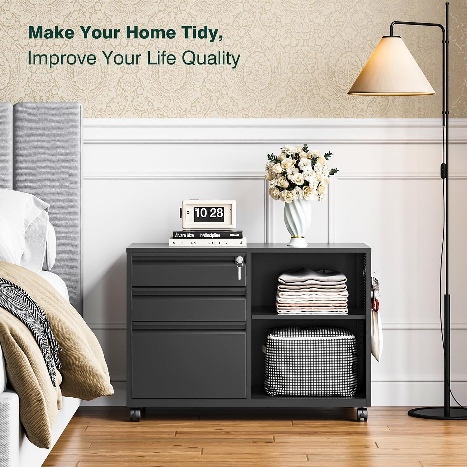 3 Drawer File Cabinet with Lock,Mobile Lateral Filing Cabinet with Side Hook for Letters/Legal/A4, Metal Printer Stand Storage Cabinets with Shelves for Home Office(Black)