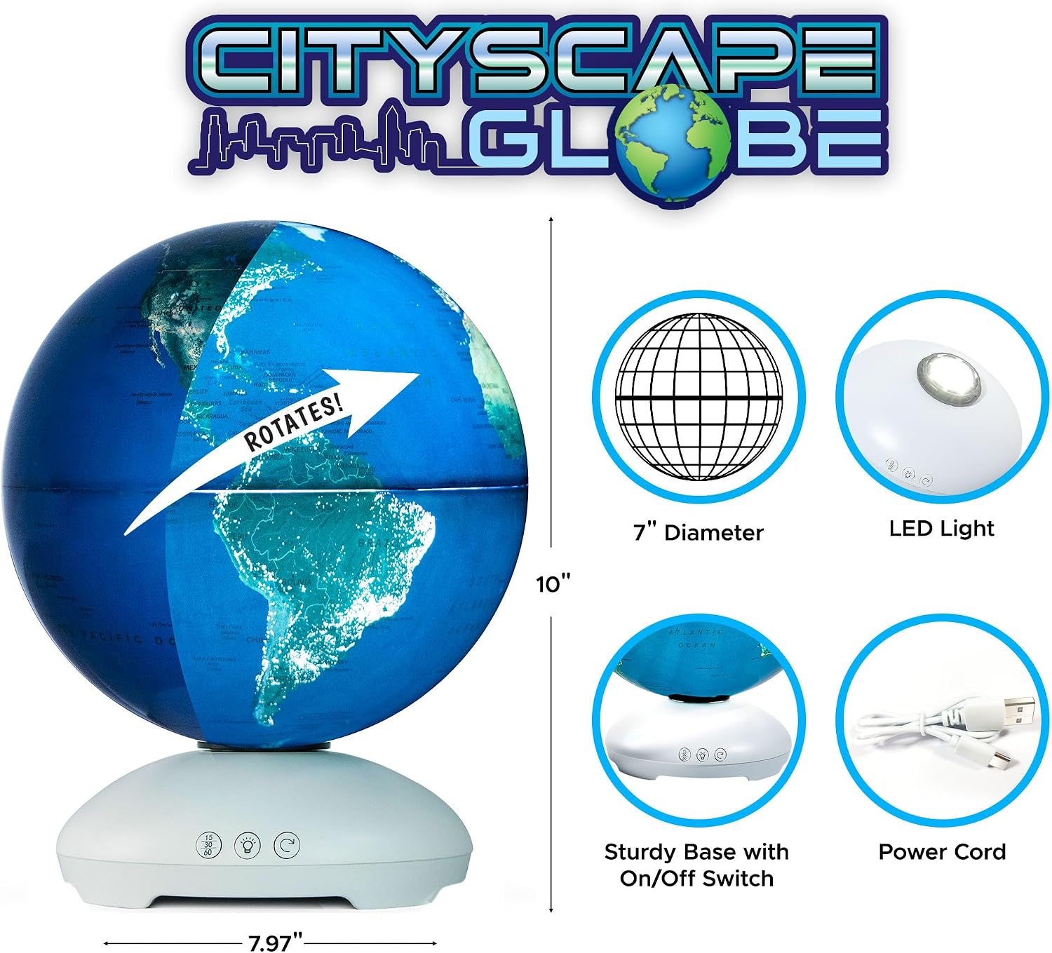 USA Toyz Illuminated World Globe with Stand - 3in1 STEM Globes for Adults and Kids, Constellation Map, Built-In LED Night Light Lamp, Easy to Read Texts, Non-Tip Base, 13.5 Inch Tall, 9 Inch Diameter