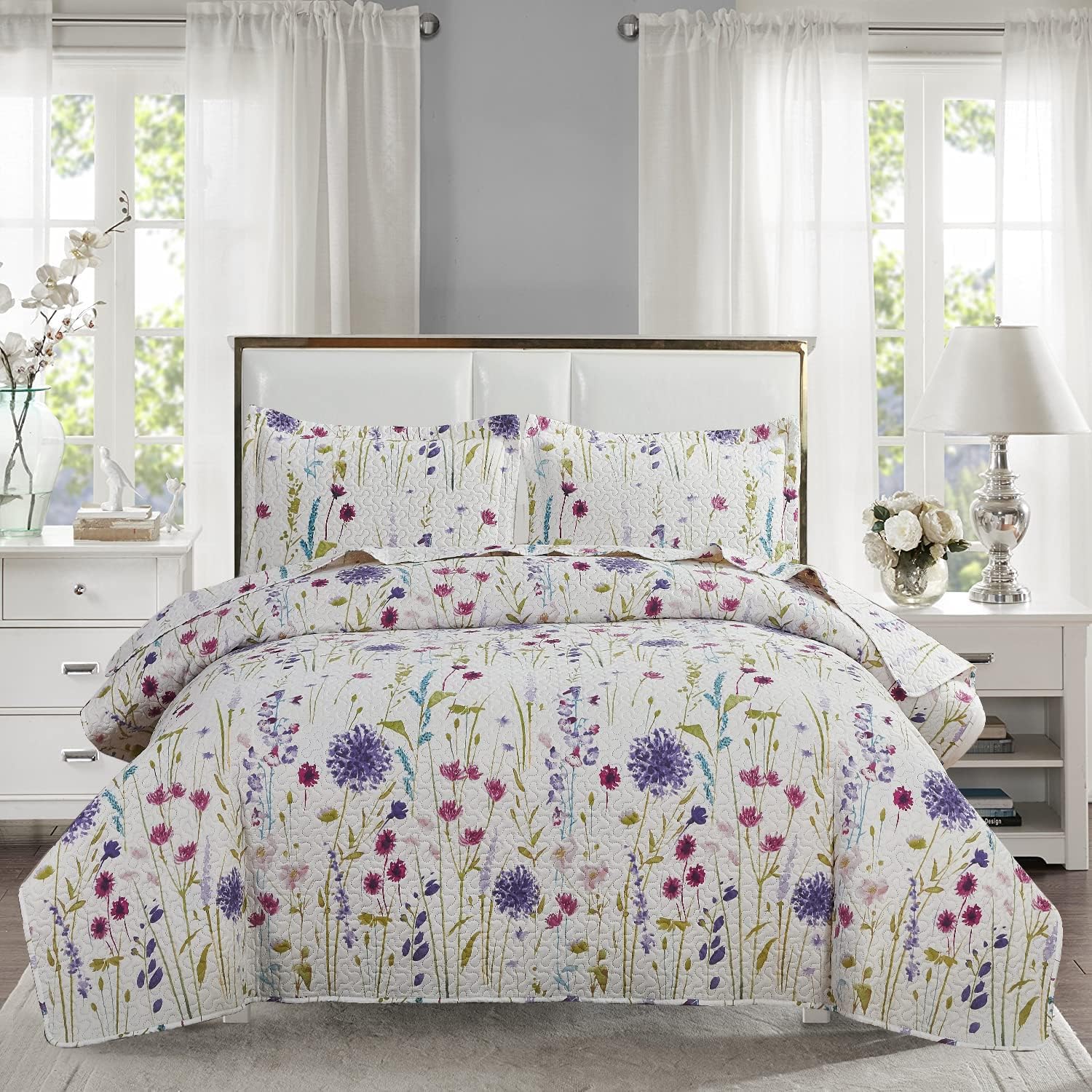 Ycosy Floral Quilt Set Full/Queen Size Reversible Flower Bedspread Queen Summer Lightweight Quilt Bedding Purple Floral Quilts Green Leaves Coverlet
