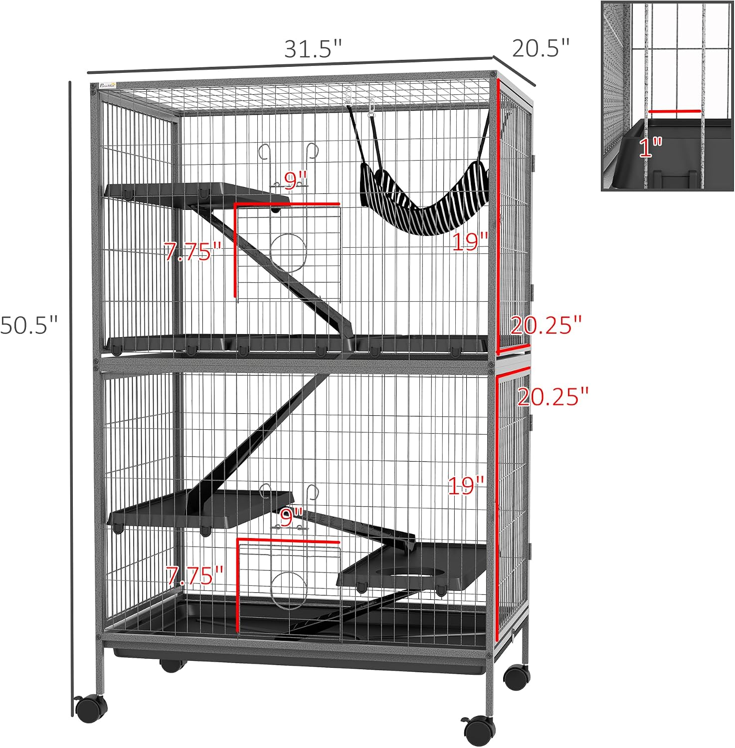 PawHut Metal Small Animal Cage, 4-Tiers Rolling Big Ferret Cage, Gray