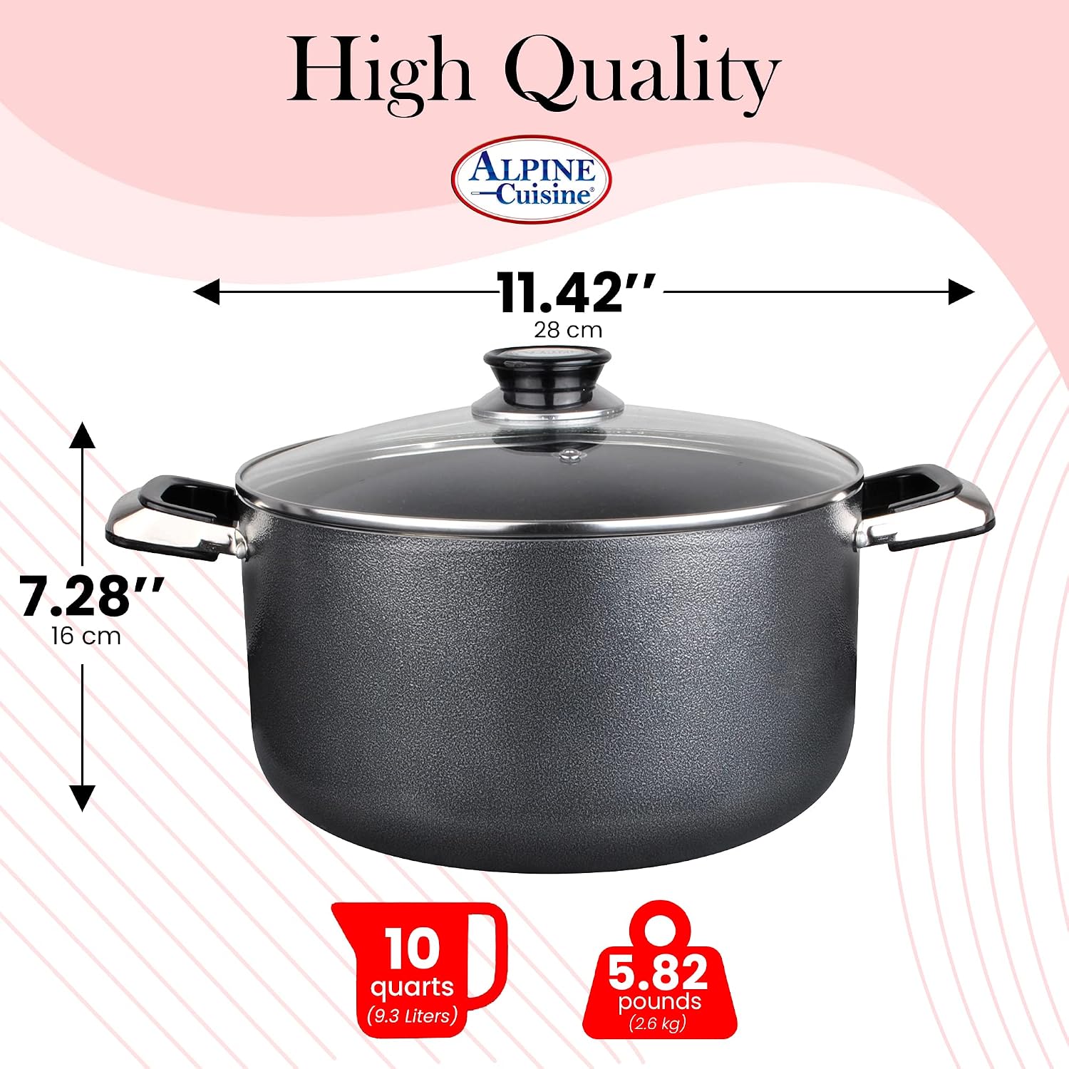 Alpine Cuisine 4 Quart Non-stick Stock Pot with Tempered Glass Lid and Carrying Handles, Multi-Purpose Cookware Aluminum Dutch Oven for Braising, Boiling, Stewing