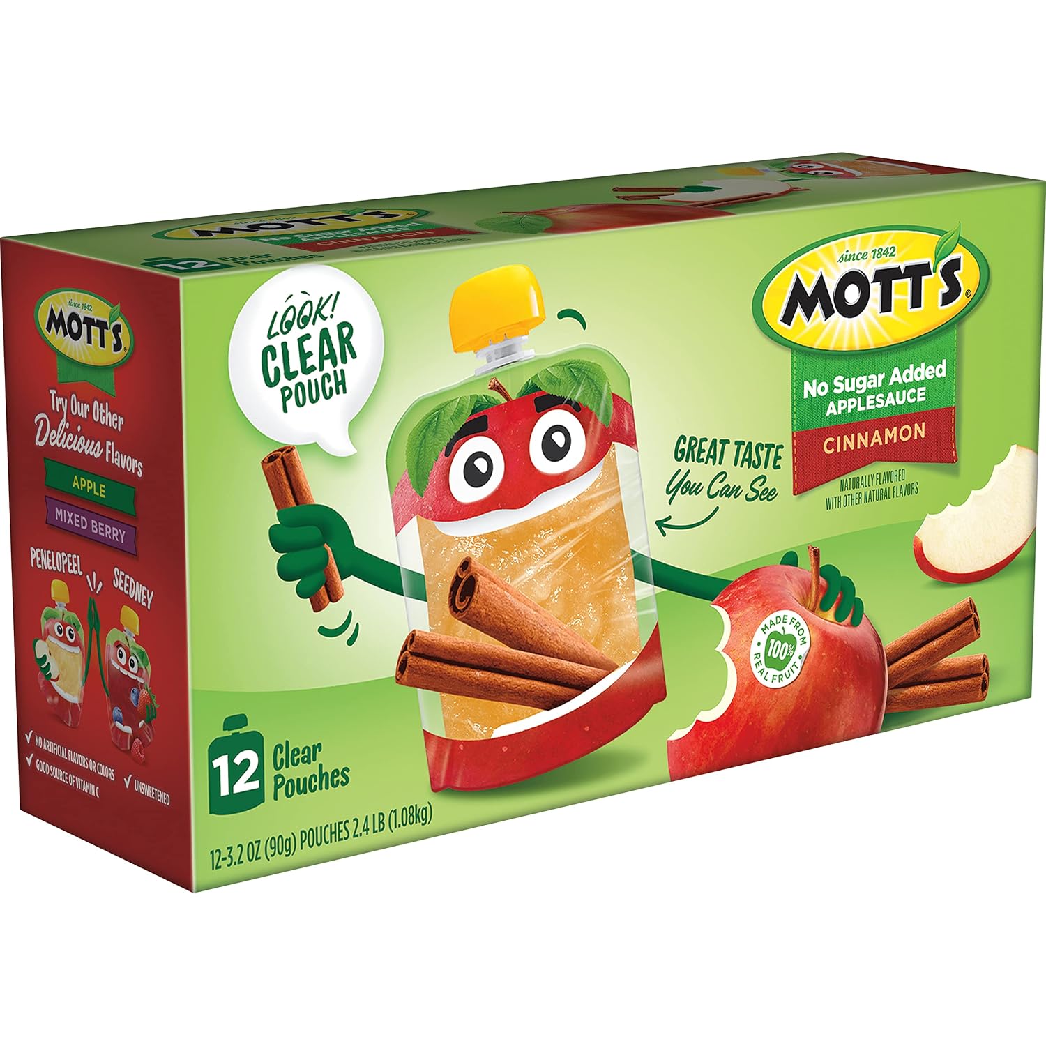 Mott's No Sugar Added Strawberry Applesauce, 3.2 Oz Clear Pouches, 48 Count (4 Packs Of 12), Good Source Of Vitamin C, No Artificial Flavors