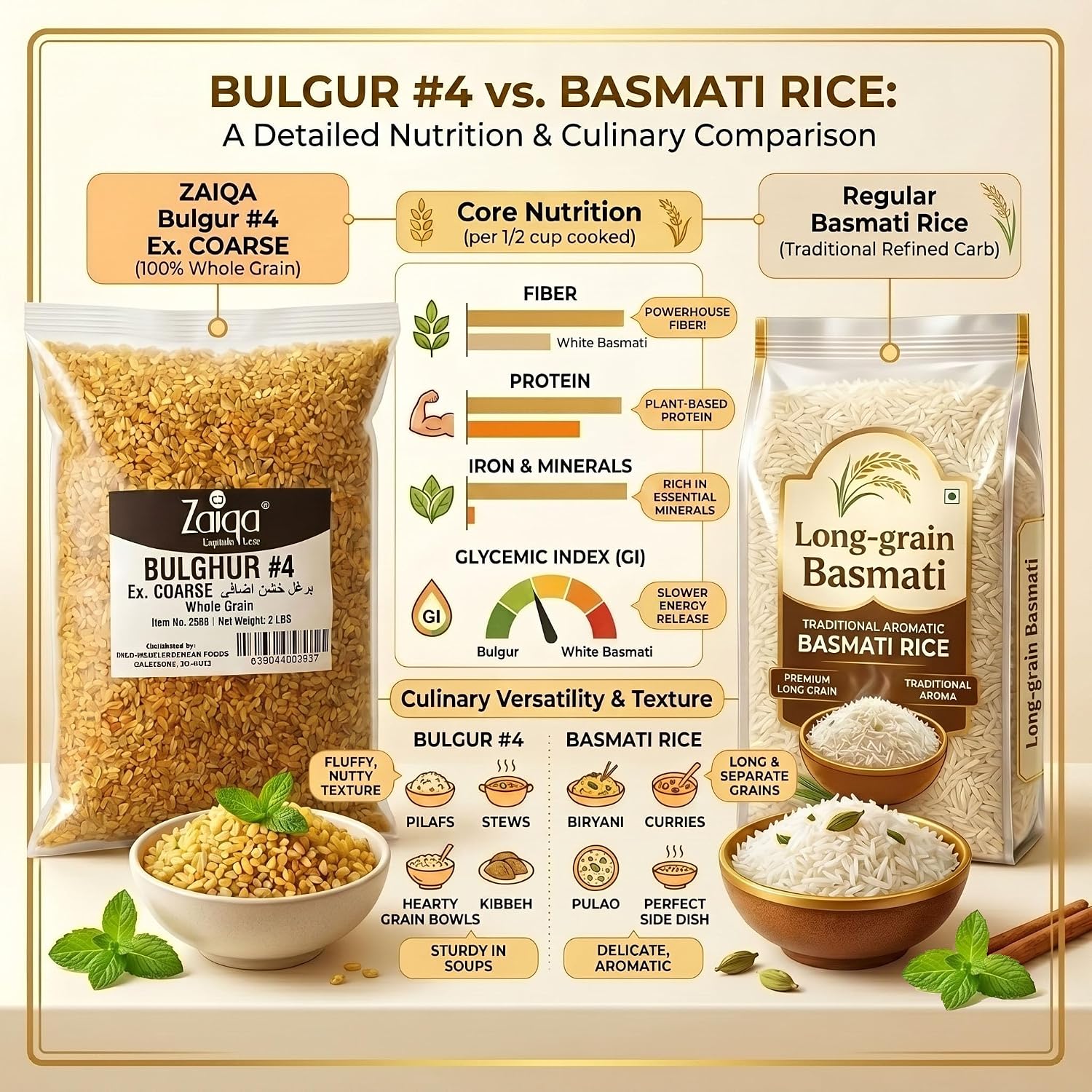 Zaiqa Bulgur Wheat #3 Coarse Grain - 2LB | 100% Whole Durum, Non-GMO & Vegan | Quick-Cooking Ancient Grain for Pilaf, Hearty Sides, Stuffing & Soups