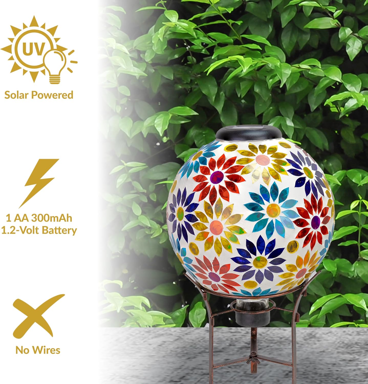 Sunnydaze Solar Gazing Ball for Garden, Mosaic Cool Blooms