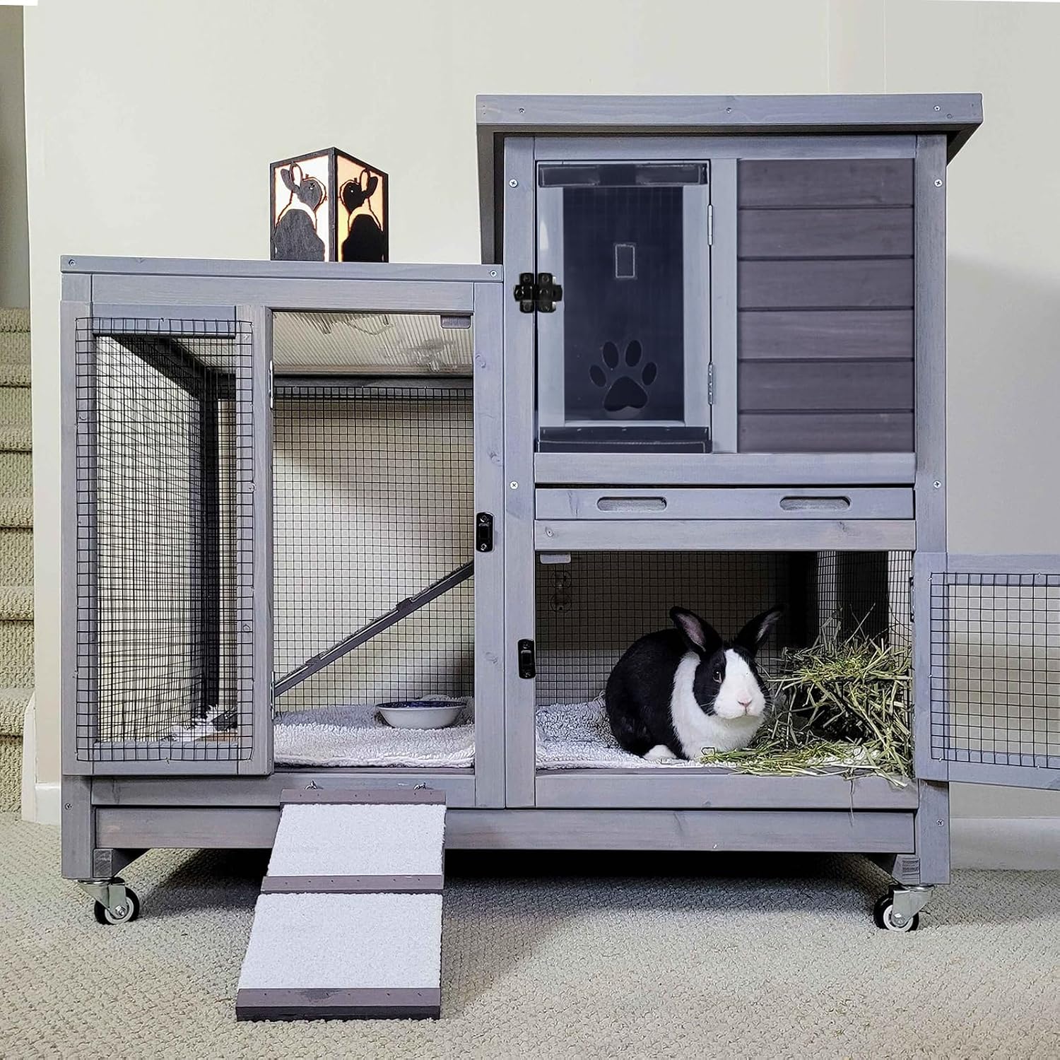Indoor Rabbit Bunny Hutch Outdoor, Guinea Pig Cages with Removable Bottom Wire Netting - Easy Clean