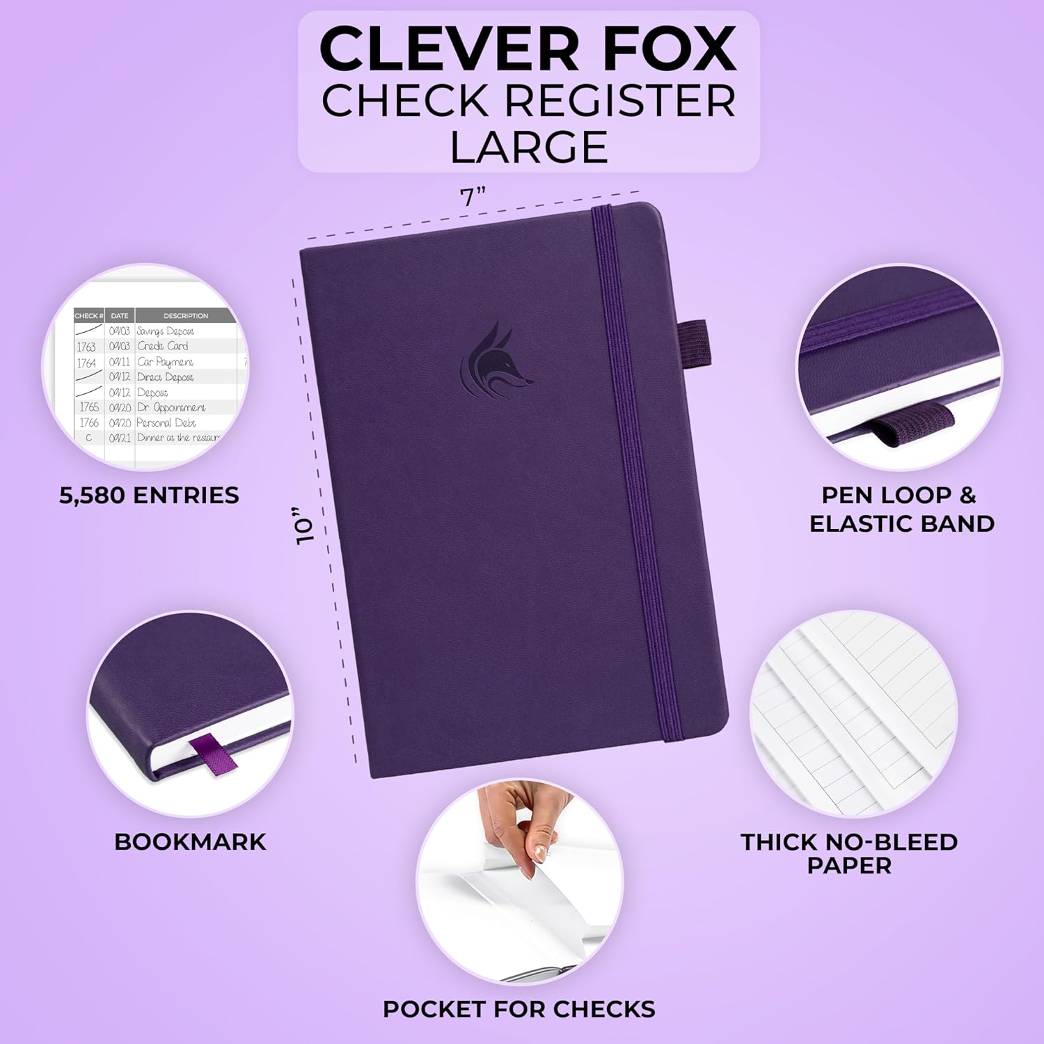 Clever Fox Check Register Book, Checkbook Ledger, 5.8x8.3 Purple