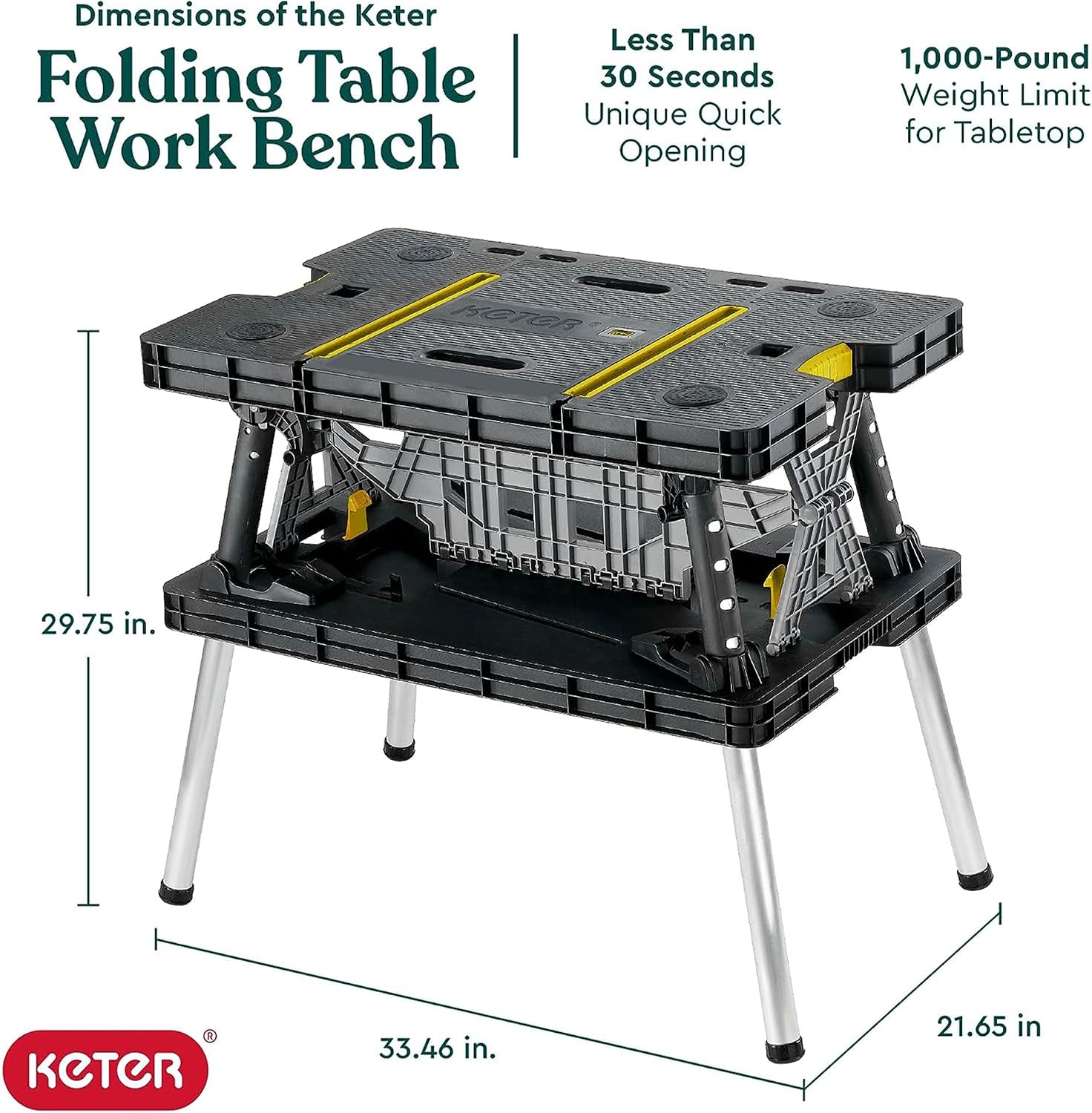 Keter Heavy-Duty Folding Workbench with 1,000 Pound Capacity | Foldable Work Table with 12 Inch Adjustable Clamps for Garage and Outdoor Workshop, Home Improvement, and Construction