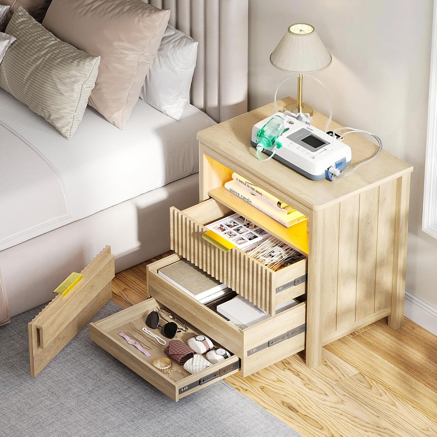 Farmhouse Nightstand with Lockable Hidden Drawer, Human Sensor LED Bedside Table with LED Lights & Charging Station, Rustic Wood Sofa Side End Table with 3 Drawers for Bedroom (Black)