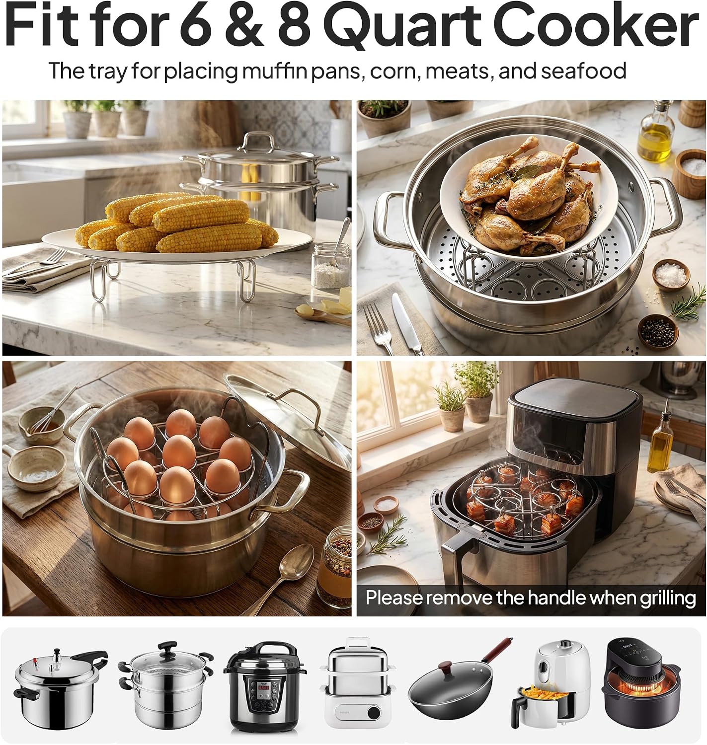 Stackable Egg Steamer Rack Holds 18 Eggs with Handles, Stainless Steel Instant Pot Trivet Fits 6qt/8qt Pressure Cooker