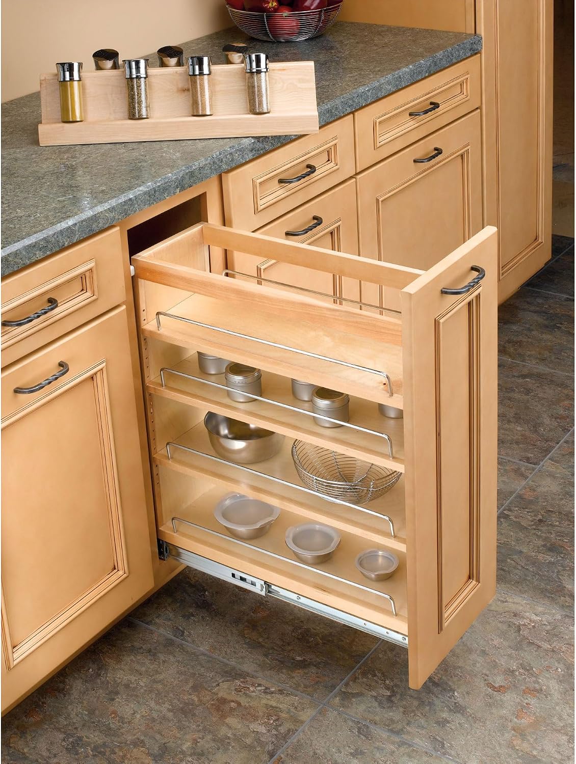 Rev-A-Shelf Pullout Kitchen Cabinet Organizer, Min Cabinet Opening 8.5" W | 8" W Slide Out Pantry Spice or Utensil Storage Rack with Adjustable Shelves for Base Cabinet Organization, 448-BC-8C