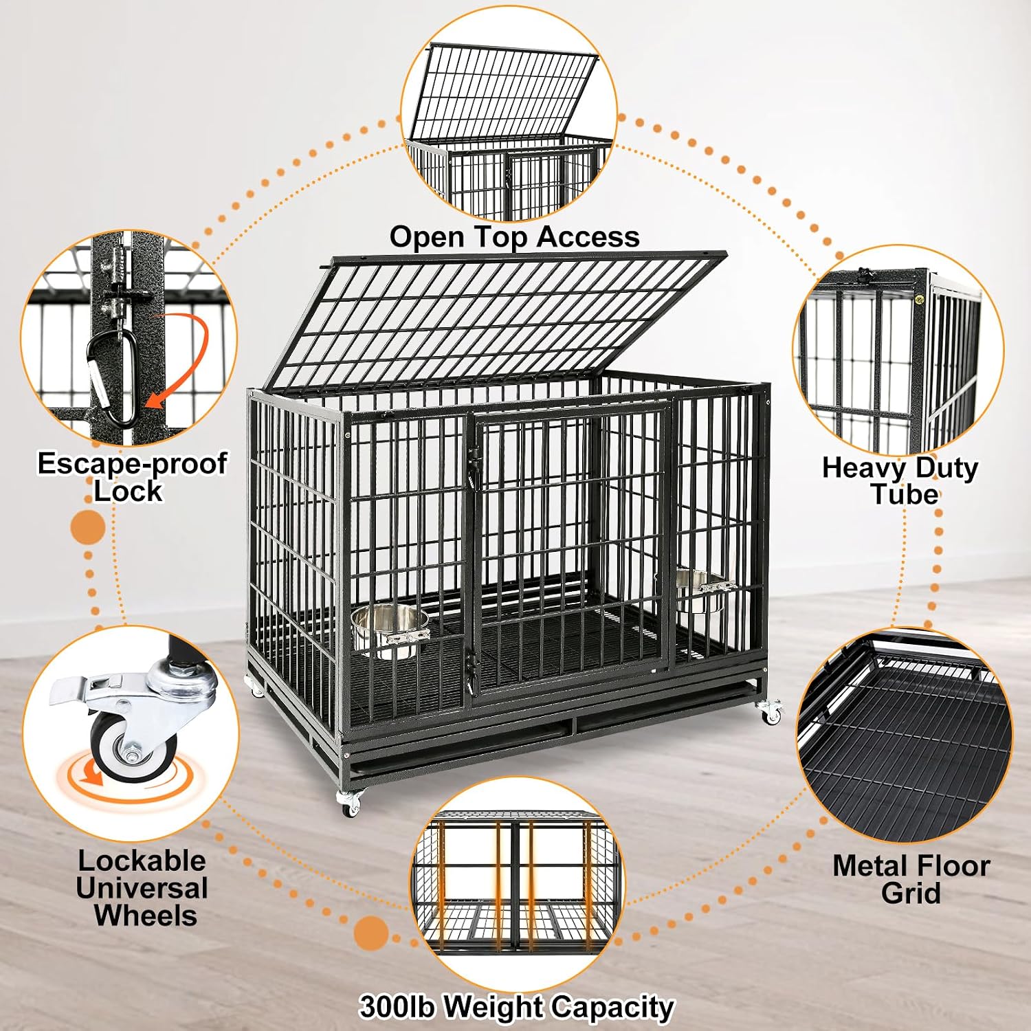 Homey Pet Taller 43" Heavy Duty Double Dog Crates with Divider & Dual Door | Drop Cage for Dogs with Lockable Wheels, Bowls, Removable Tray, Top Access, Ideal for Small to Medium & Large Dogs, Breeders
