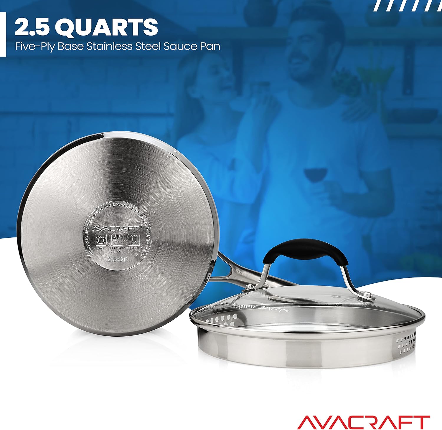 AVACRAFT 2.5 Quart Stainless Steel Saucepan with Glass Strainer Lid | 18/10 Stainless Steel, 5-Ply Capsule Base, Dual Pour Spouts, Induction Compatible, Ergonomic Handle, Dishwasher Safe