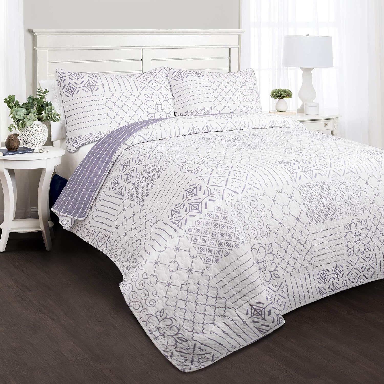 Lush Decor Monique 3 Piece Reversible Print Pattern Blue Quilt Set - Full Queen