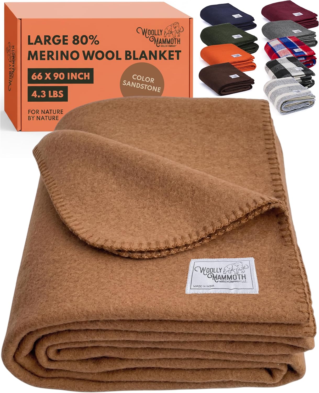 Woolly Mammoth Woolen Company Merino Wool Blanket, 66" x 90" Moss | Temperature Regulating - Fire-Resistant - Warm Camping Blanket for Car Emergency Kits, Picnics, Summer Festivals and Stadiums