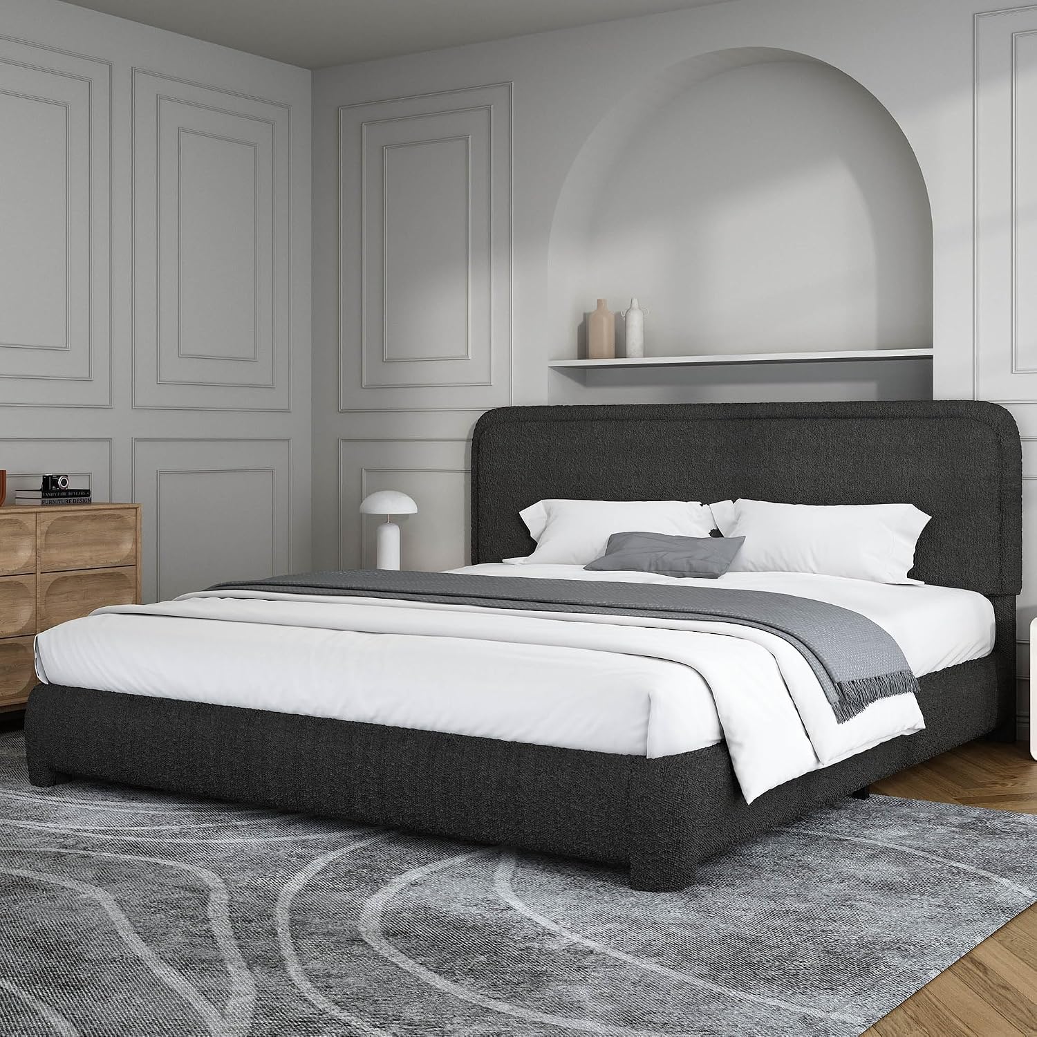 BarnFurin Full Bed Frame, Cloud Boucle Headboard, Rounded Corners, White | Soft boucle and rounded edges create a low-profile cloud look. Wooden slats support the mattress without a box spring