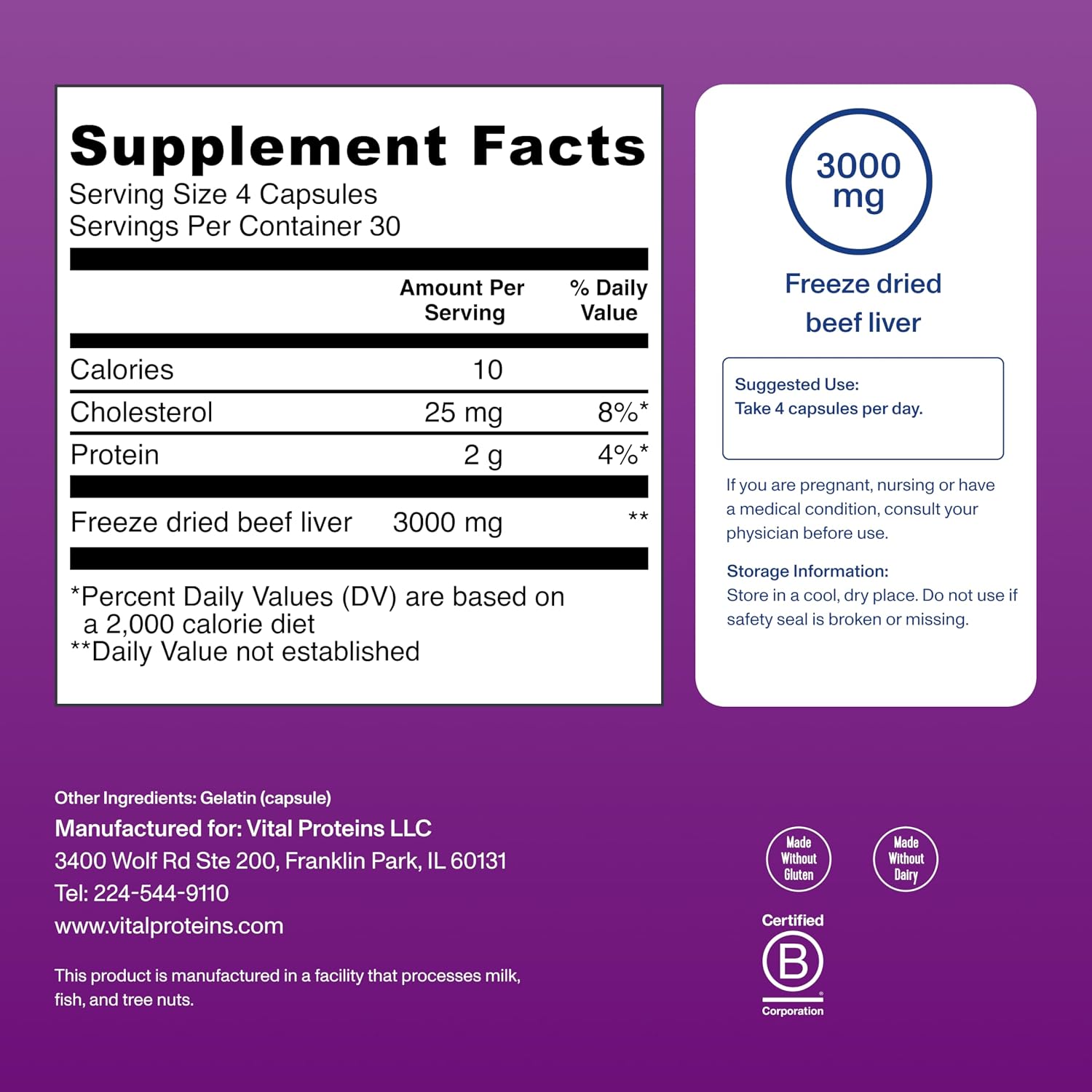 Vital Proteins Grass Fed Beef Liver, 120 Capsules | Grass-Fed Beef Liver, Supports Daily Nutrition, Desiccated Liver Supplement, 30 Servings