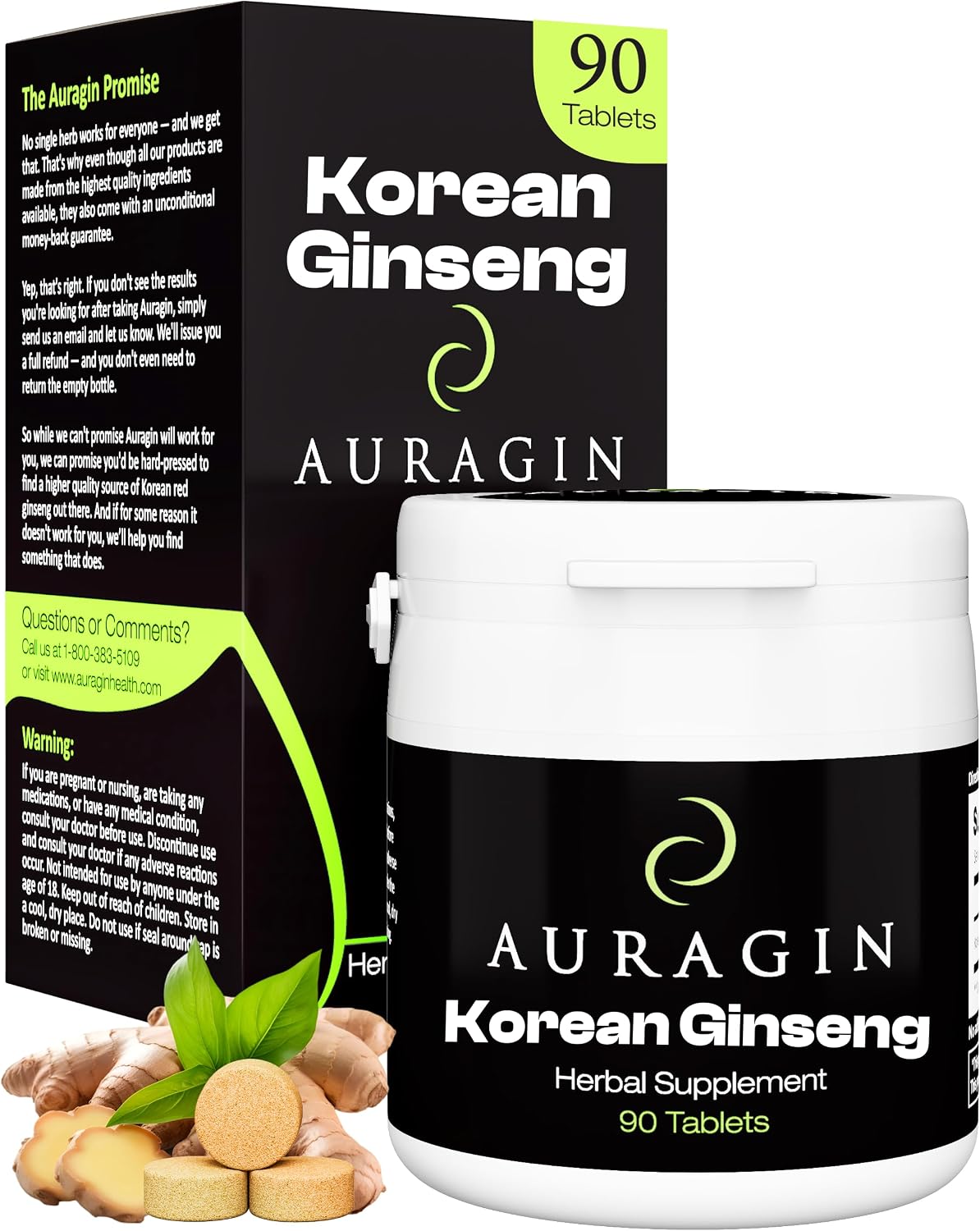 Auragin® Authentic Korean Red Ginseng – Made in Korea – 6 Year Roots – No Additives or Other Ingredients – 100% Red Panax Ginseng in Every