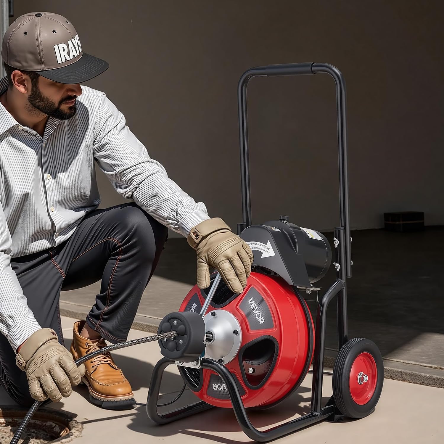 VEVOR Drain Cleaner Machine 75 FT x 3/8 Inch, Auto Feed Sewer Snake Auger on Wheels, Portable Drain Cleaning Machine with 4 Cutters & Air-activated Foot Switch for 2" to 4" Pipes