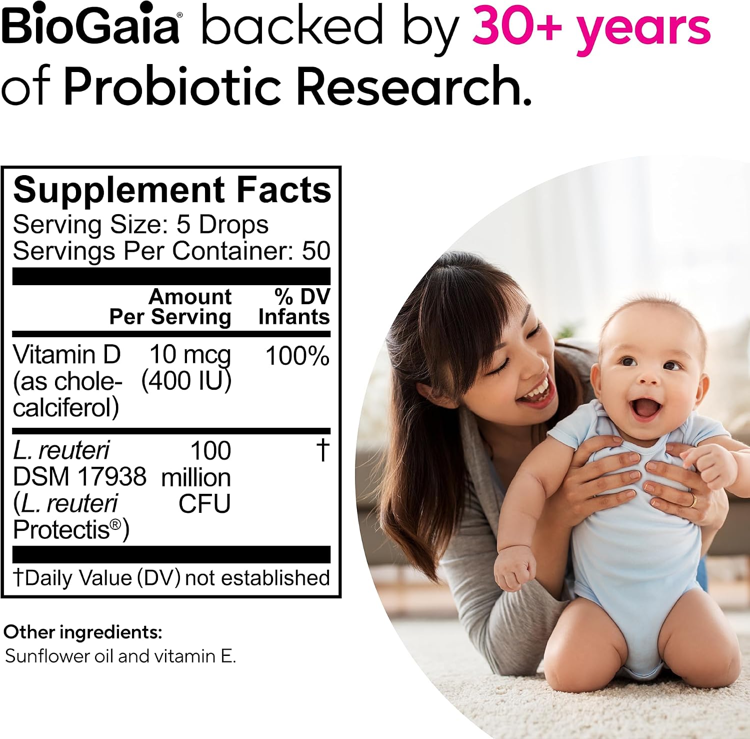 BioGaia Baby Probiotic Drops - Colic & Gas Relief + Vitamin D, 50-Day Supply, Safe for Newborns, Reduces Crying, Fussing, Colic, Gas