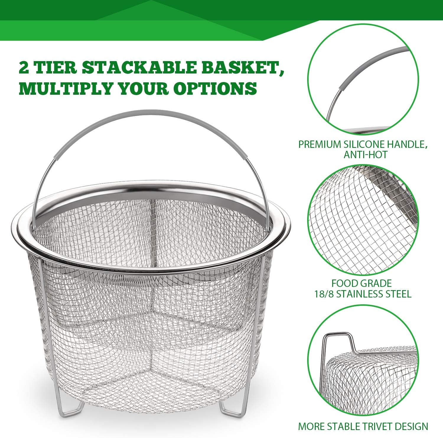 AOZITA Steamer Basket for Instant Pot Accessories 6 qt or 8 quart - 2 Tier Stackable 18/8 Stainless Steel Mesh - Silicone Handle - Vegetable Steamer