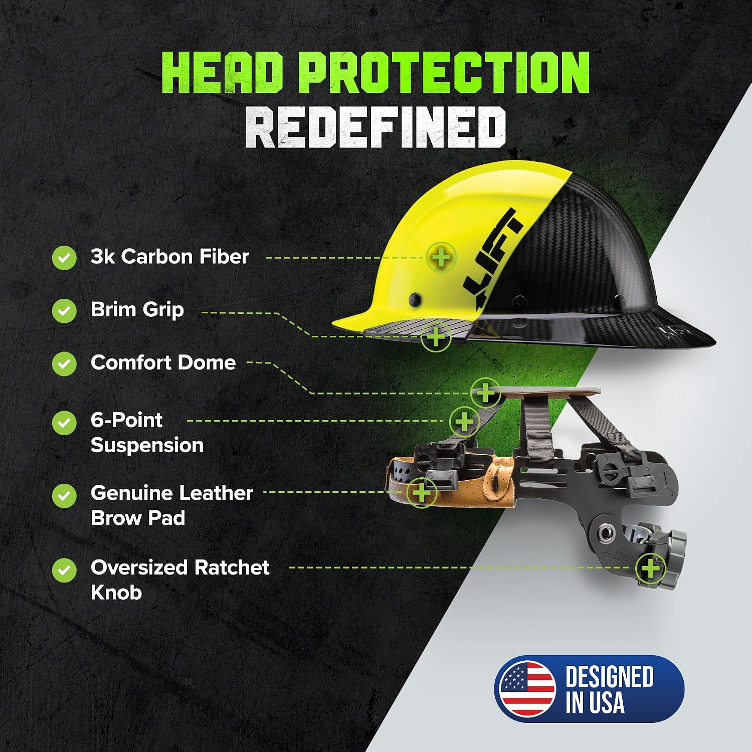 LIFT SAFETY Dax Carbon Fiber Full Brim Hard Hat | Safety/Construction Helmet w/ 6 Point Suspension for Comfort & Impact Protection
