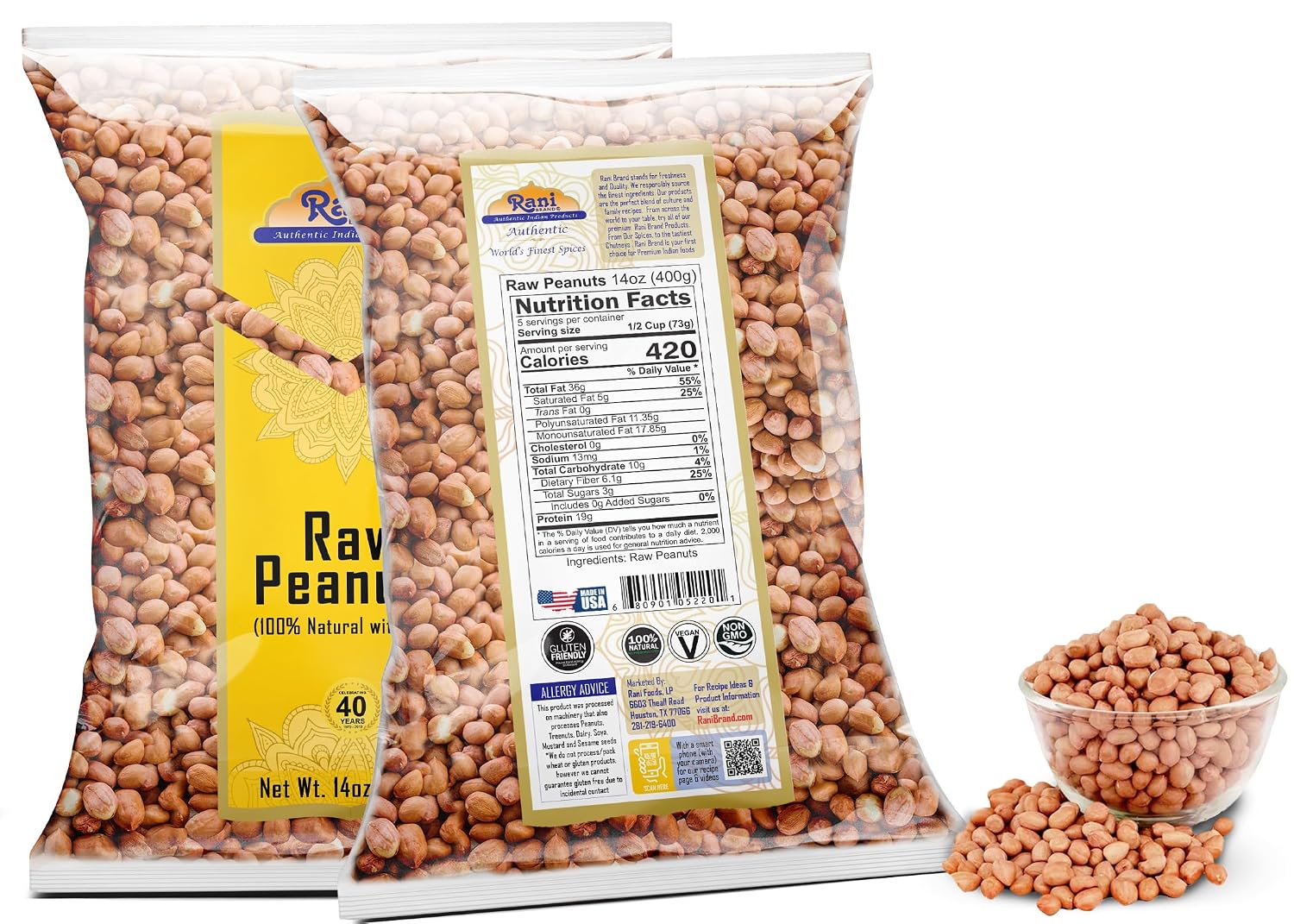 Rani Peanuts, Raw Whole With Skin (uncooked, unsalted) 14oz (400g) ~ All Natural | Vegan | Kosher | Gluten Friendly | Fresh Product of USA ~ Spanish Grade Groundnut/Red-skin