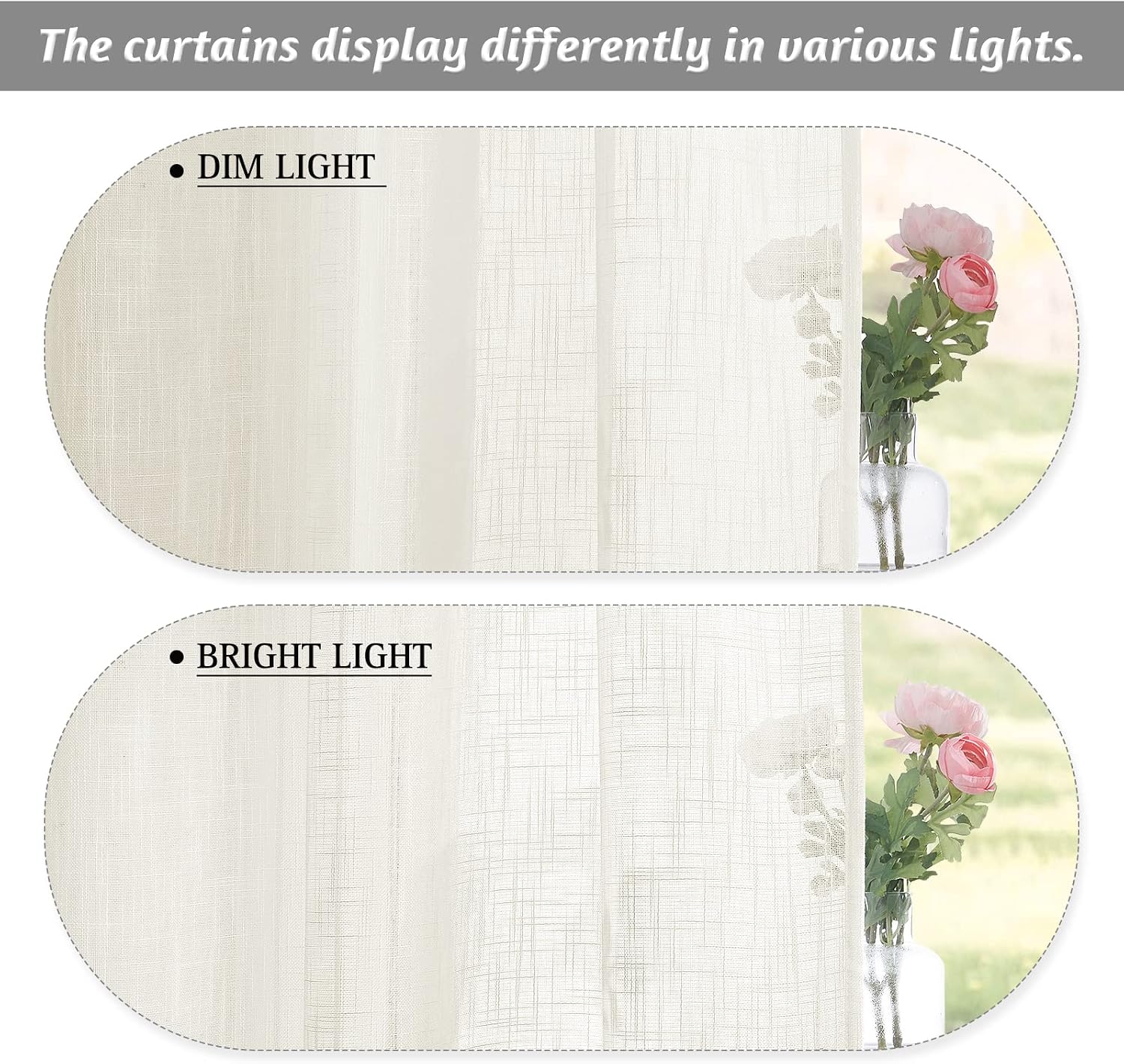 RYB HOME Linen Sheer Curtains - Linen Textured Semi Sheer Curtains for Kids Nursery Bedroom Living Room Window
