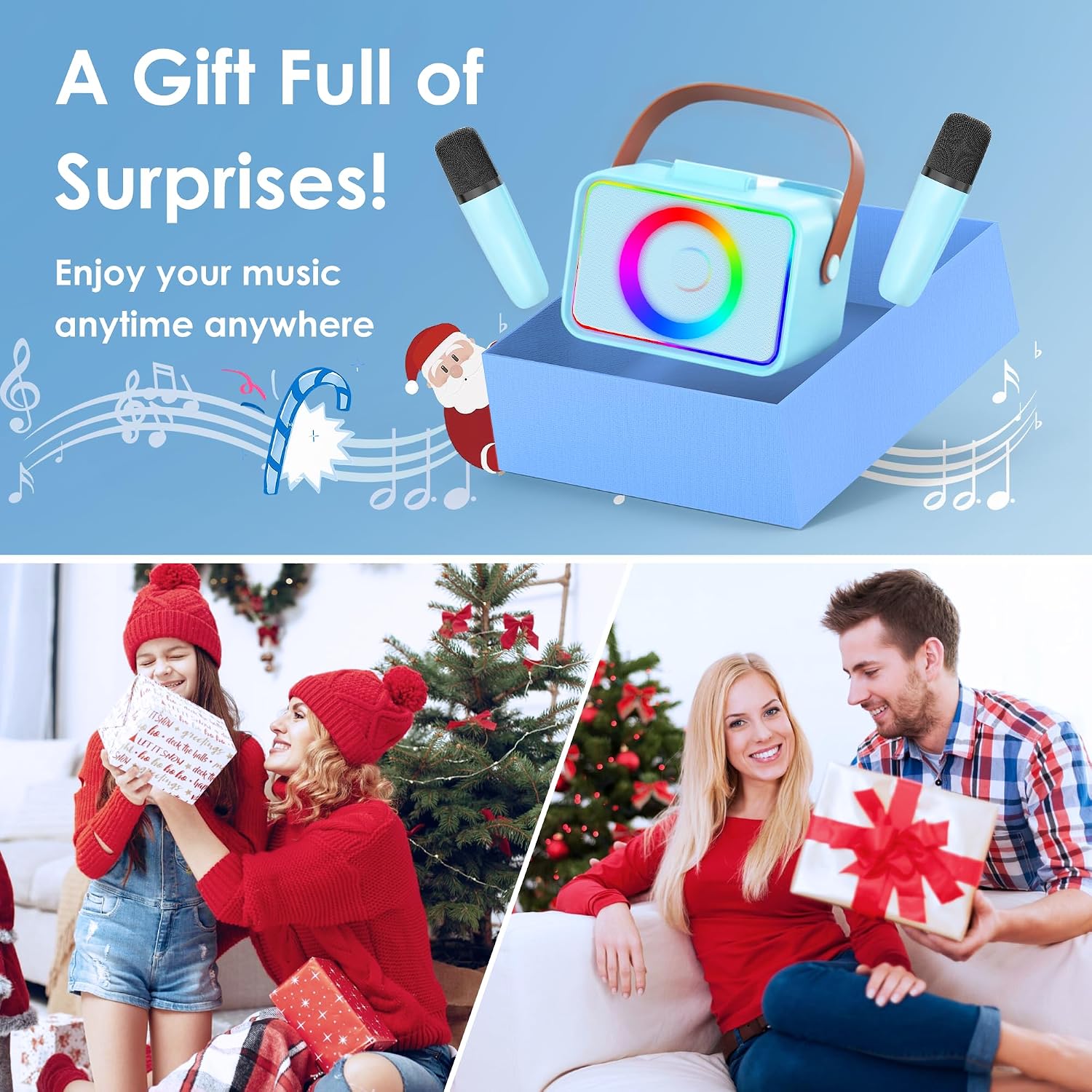 Karaoke Machine for Kids Adults,Portable Bluetooth Speaker with 2 Wireless Microphone with LED Lights, Karaoke Microphone with PA System Supports USB/TF/AUX,Gift for Party (Black)