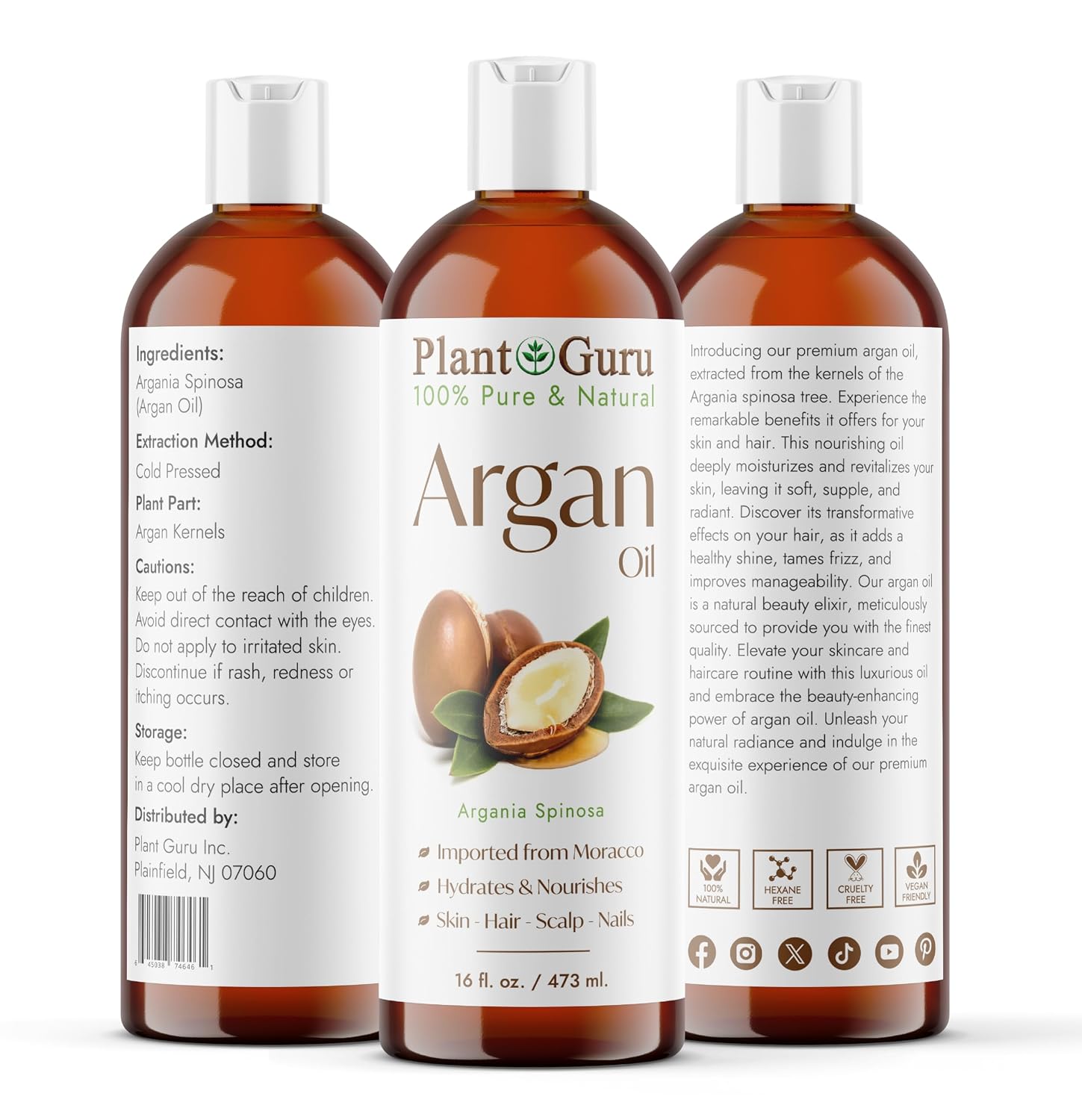 Plant Guru Argan Oil 16 fl. oz. Morocco Virgin, Cold Pressed 100% Pure Natural - Stimulates Hair Growth, Skin, Face And Body Moisturizer.