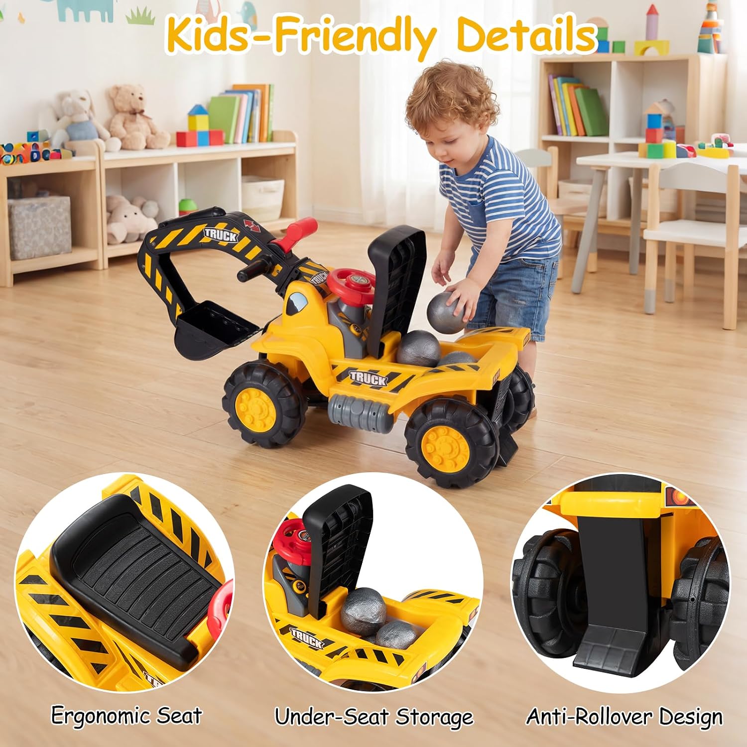 Costzon Ride on Excavator, Ride on Construction Vehicles w/Helmet, 3 Toy Stones, Realistic Sound, Adjustable Bucket & Under Seat Storage, Bulldozer Ride on Toy Gift for Kids Boys & Girls
