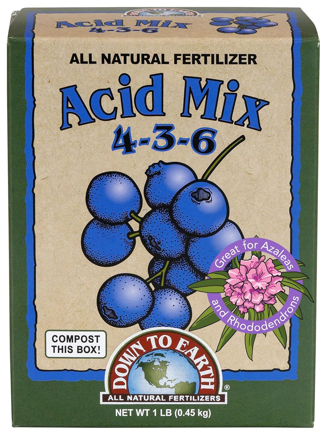 Down To Earth All Natural Fertilizers Organic Acid Mix - 4-3-6, 1 lb | Plant Food for Blueberries, Raspberries, Azaleas, Camellias, Rhododendrons, Hydrangeas, Evergreens and Acid-Loving Plants