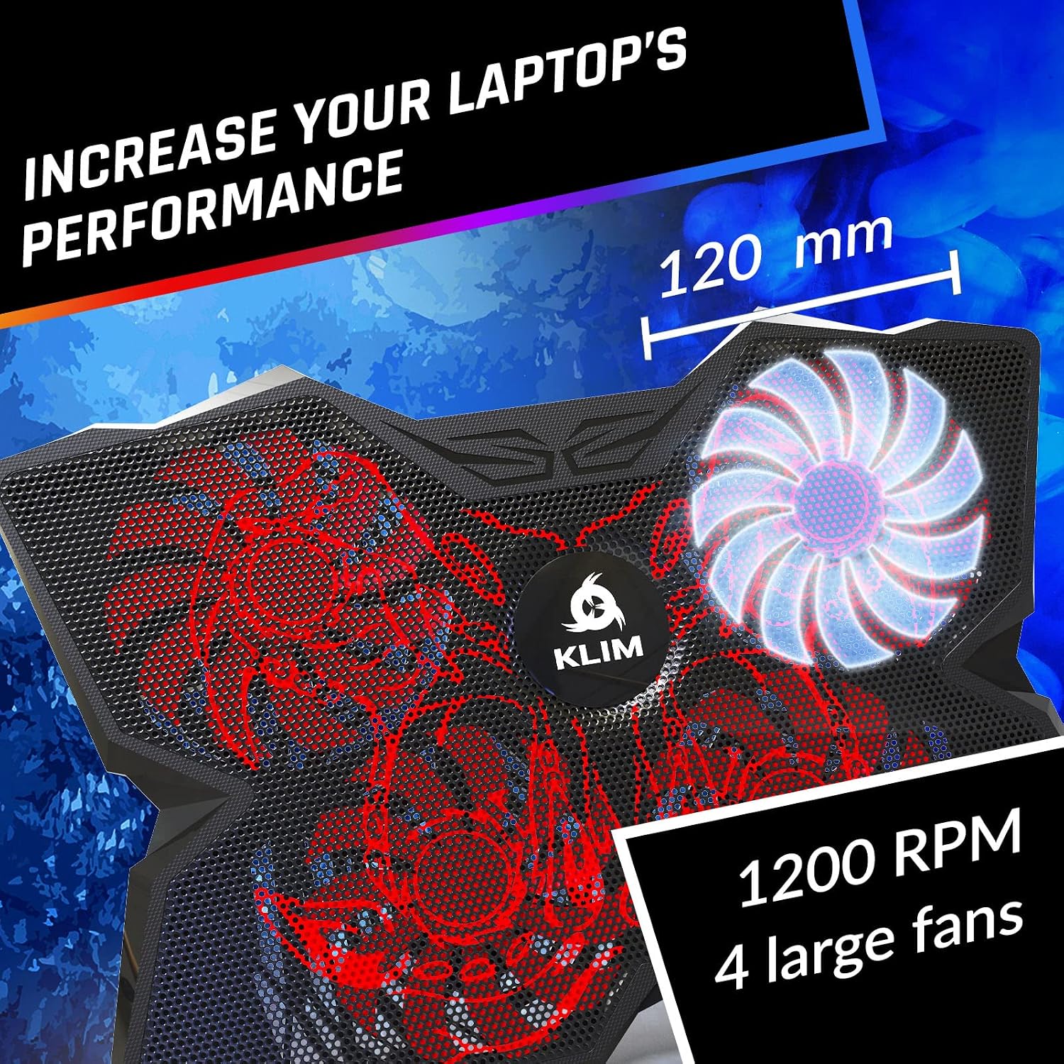 KLIM Wind Laptop Cooling Pad - More Than 500 000 Units Sold - New Version - The Most Powerful Rapid Action Cooling Fan - Laptop Stand with 4 Cooling Fans at 1200 RPM - USB Fan - PS5 PS4 - Blue