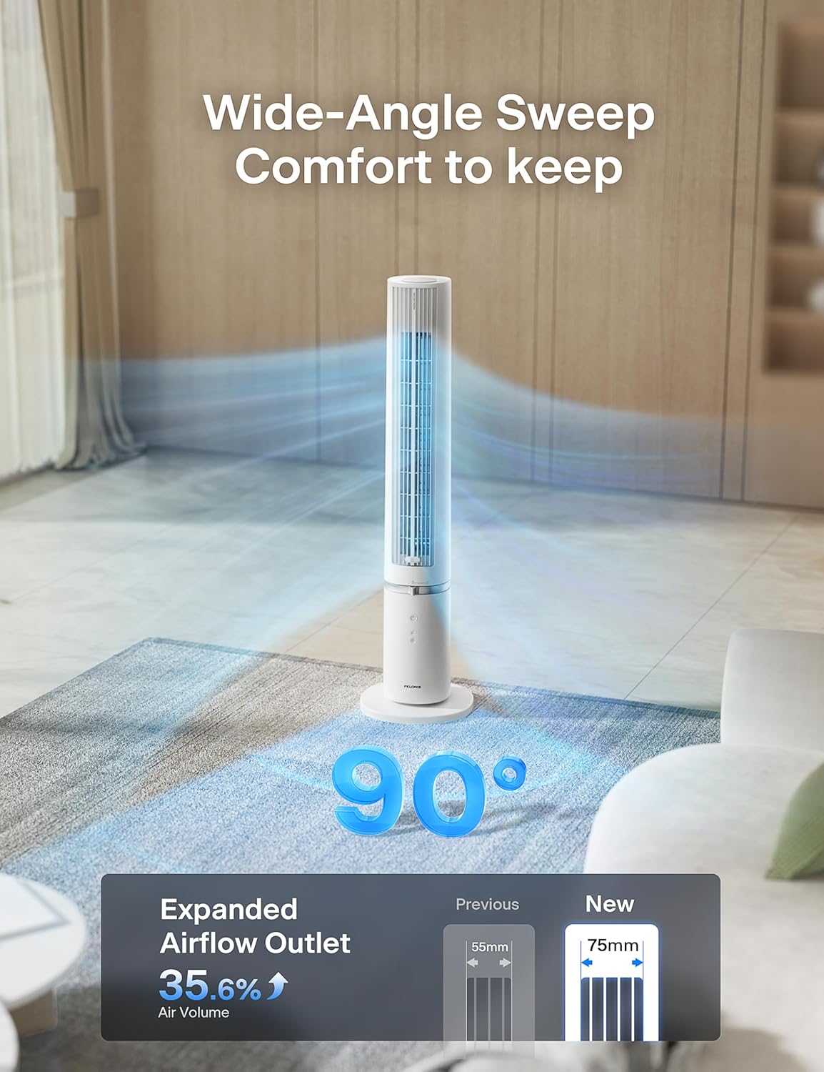 PELONIS 40-inch Bladeless Tower Fan for Bedroom, Standing Fan with Remote Control, 26ft/s, 90° Oscillation, 3 Speed Settings, 27 dB, 3 Modes
