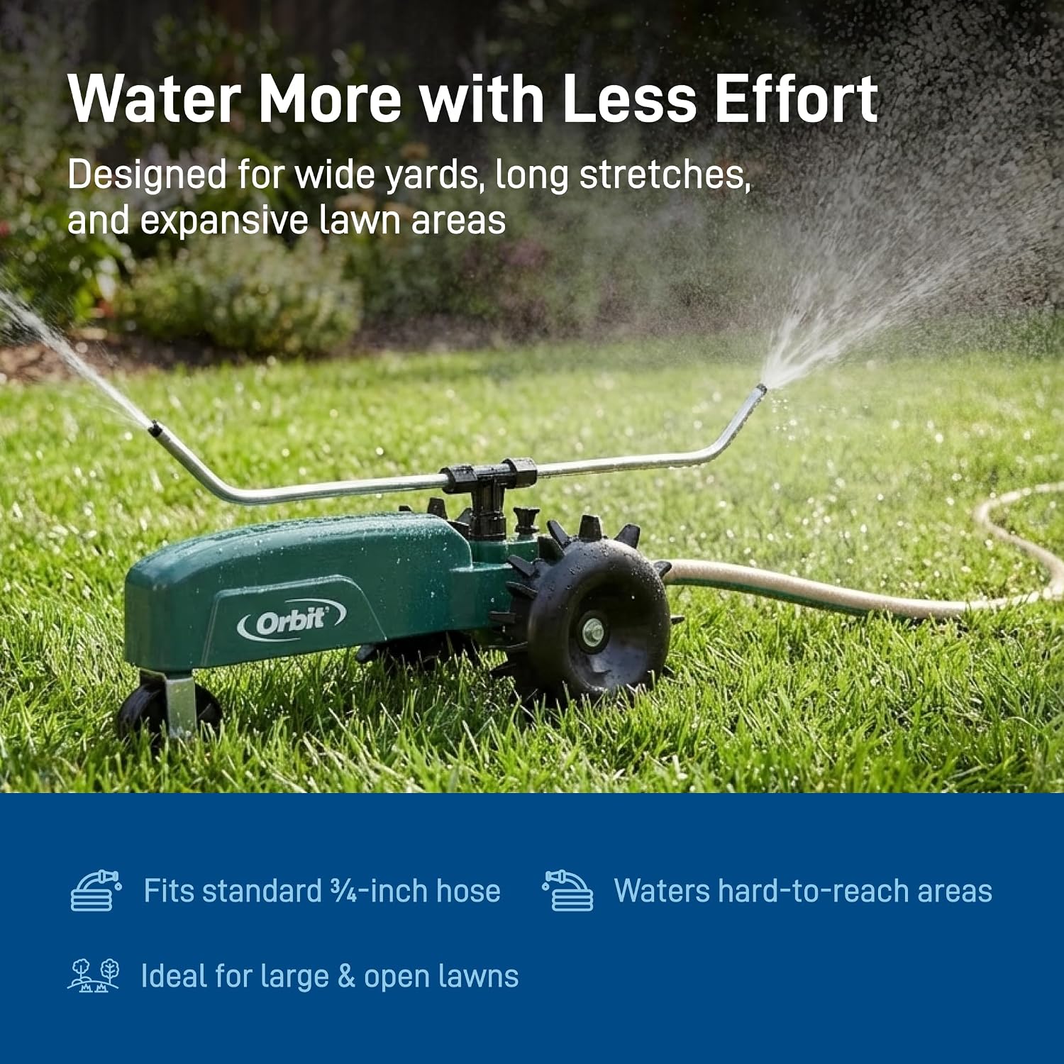 Orbit Traveling Tractor Water Sprinkler - Self-Propelled Traveling Sprinkler for Wide Lawn Coverage - Cast-Iron Body with Adjustable Coverage