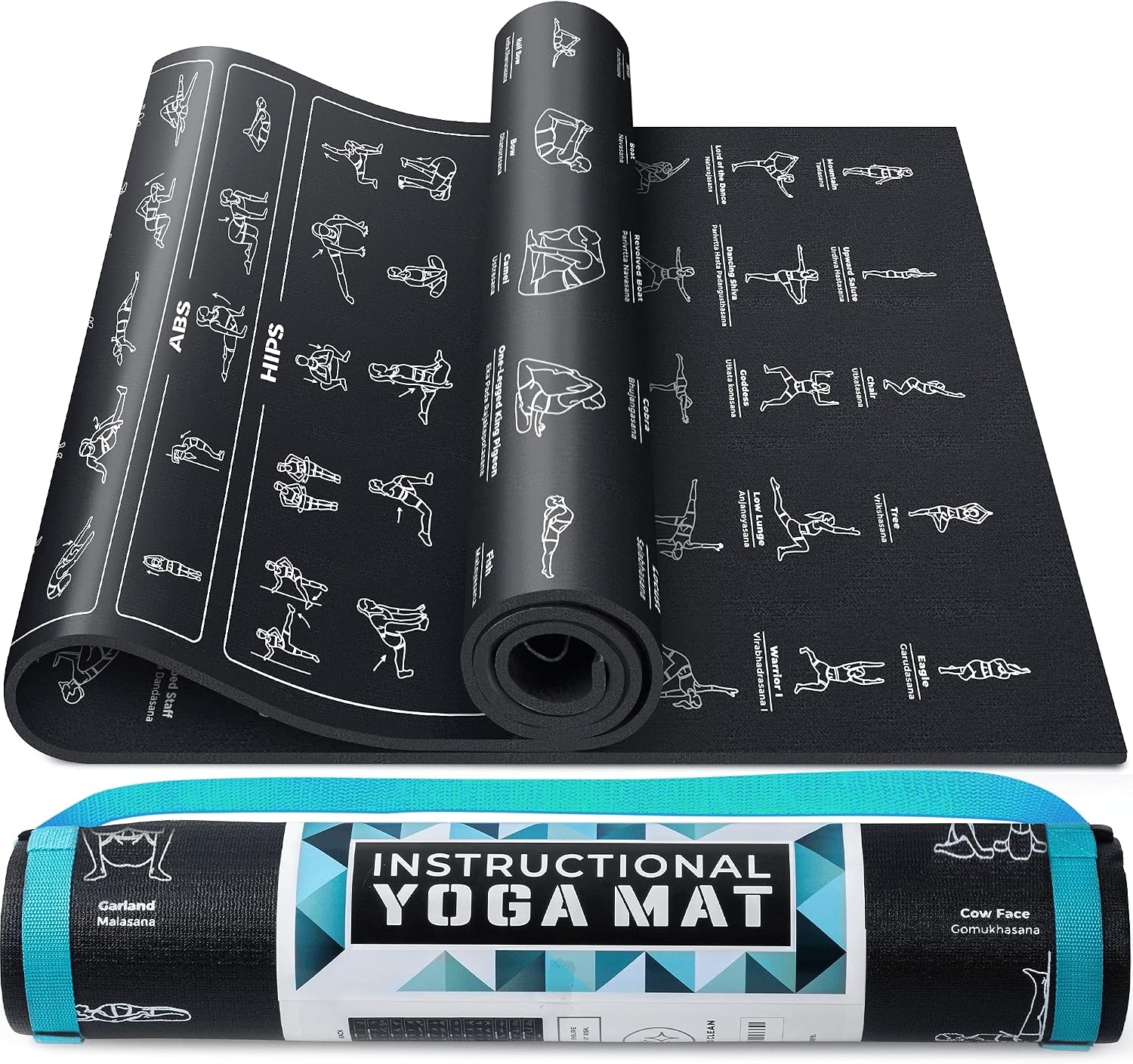 Instructional Yoga Mat with Carrying Strap: Cute Yoga Mat with 75 Illustrated Yoga Poses + 75 Easily-Followed Stretching Exercises - 1/4” Thick