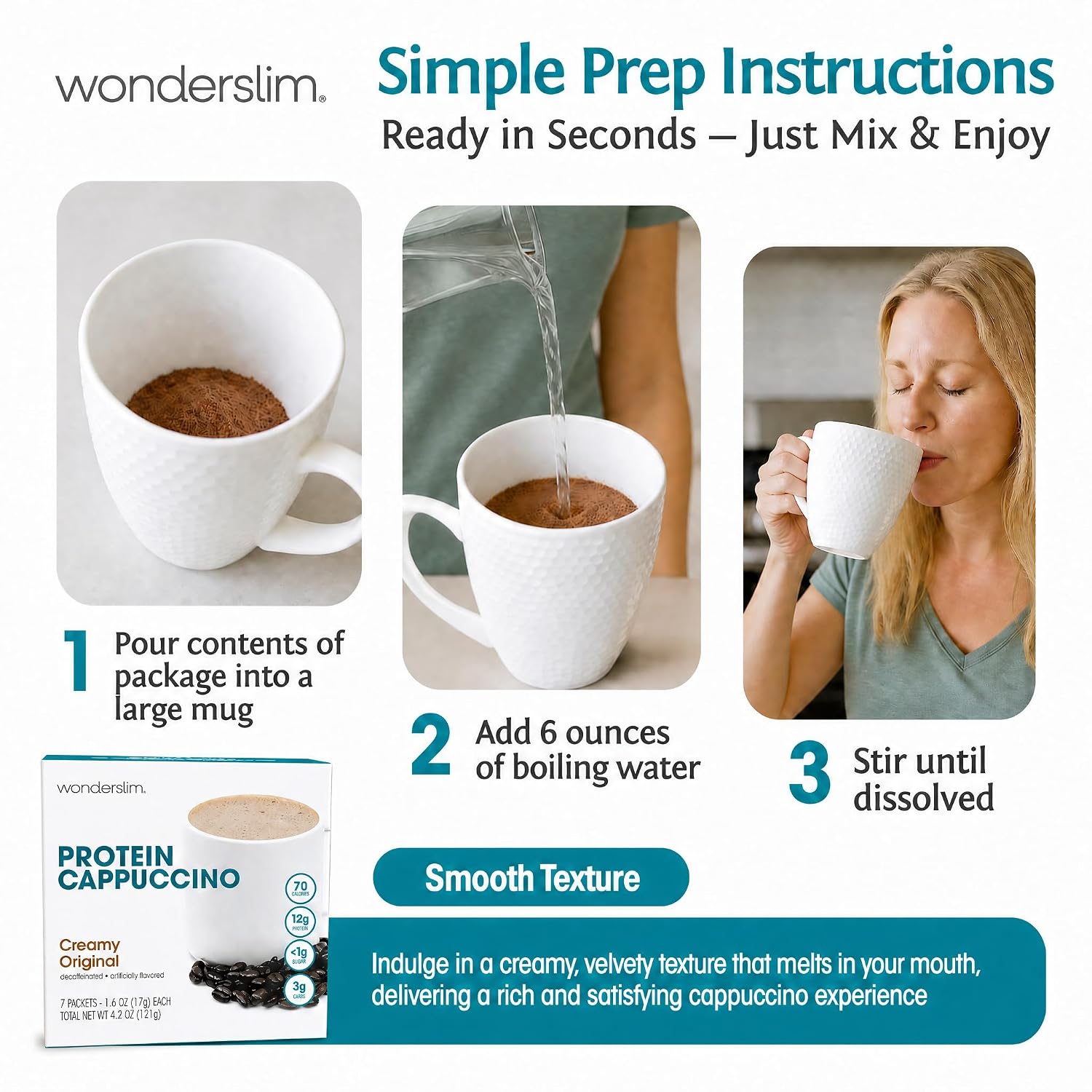 Wonderslim Protein Coffee Drink Mix with Casein Protein – 7 ct (Cappuccino) | With Collagen, 12g Protein, 70 Calories, Low Sugar, 3g Net Carbs, Keto Friendly, Gluten Free, GLP-1 Friendly Coffee Drink Mix