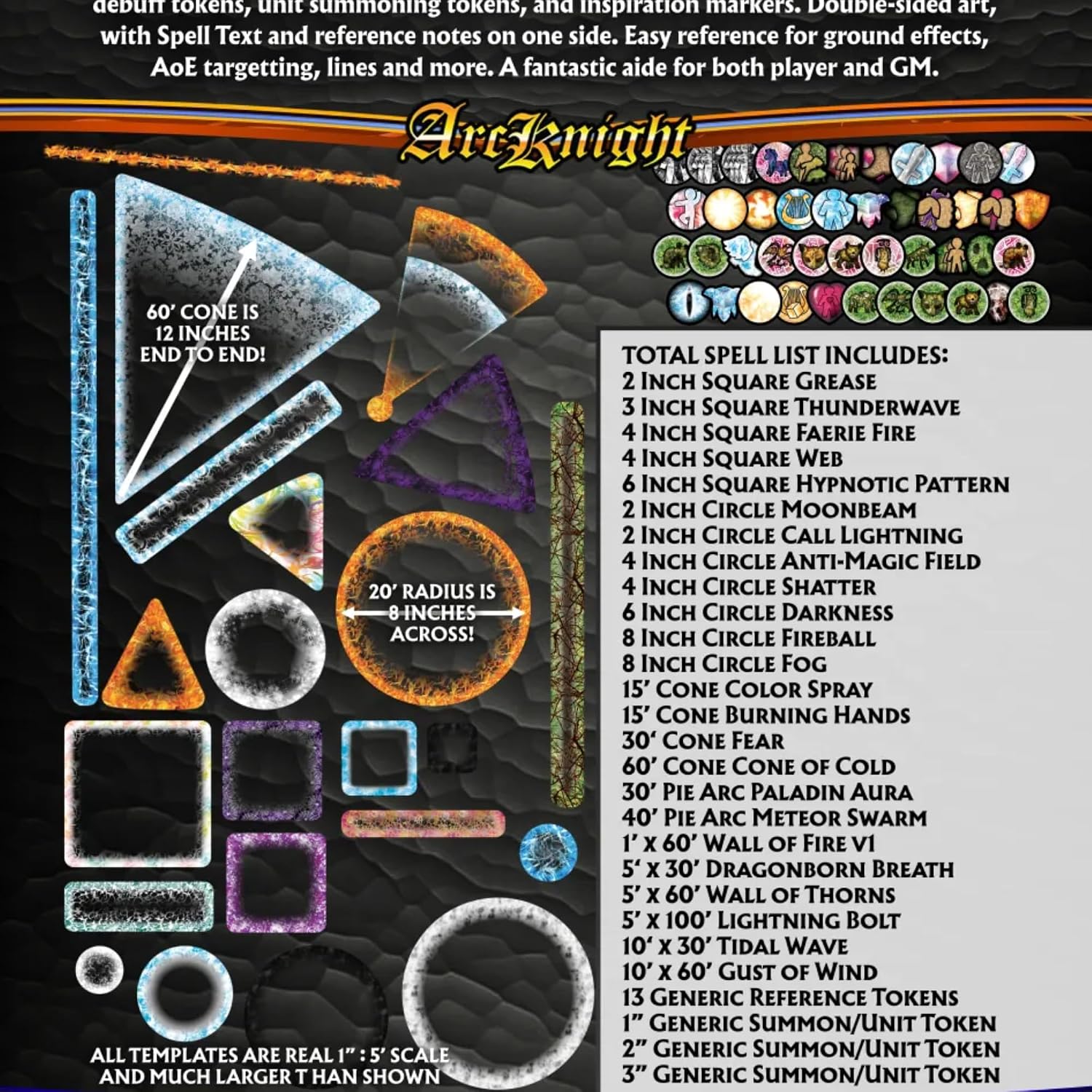 Arcknight Dungeons & Dragons Spell Effects AOE Templates - DND Accessories 24pc Complete Area of Effect Marker Set for D&D 5E - Clear Overlay