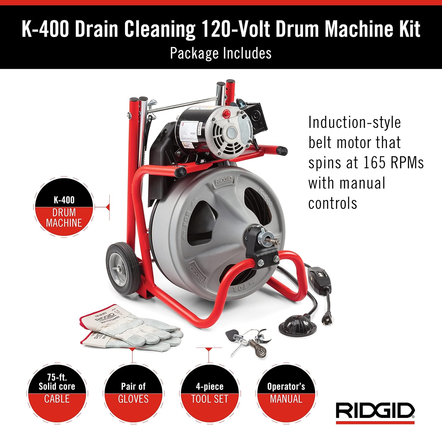 RIDGID 26998 Model K-400 Drain Cleaning 120-Volt Drum Machine Kit with C-45IW 1/2" x 75' Cable, White, Black, Red