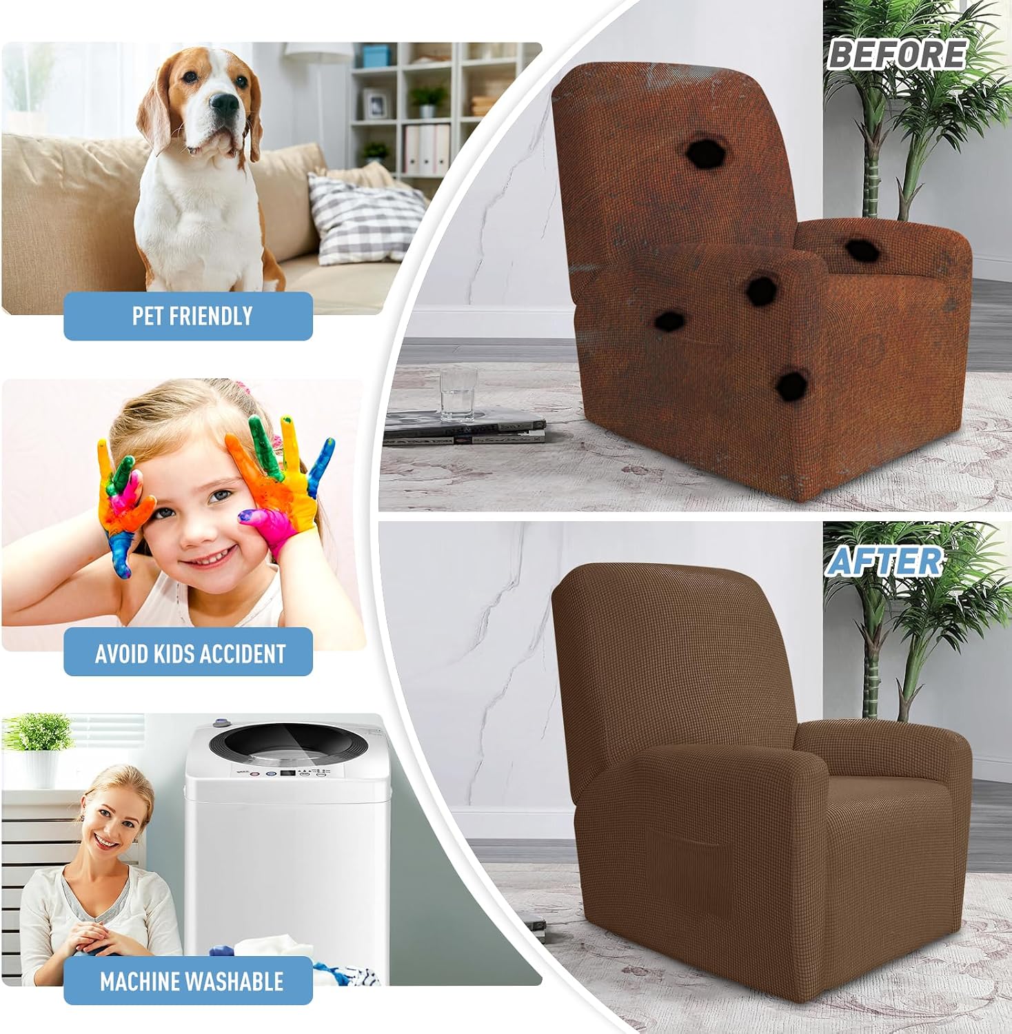 JIVINER Super Stretch Recliner Chair Covers 4 Pieces Sofa Slipcover for Reclining Chair Spandex Soft Recliner Slipcover with Pockets Recliner
